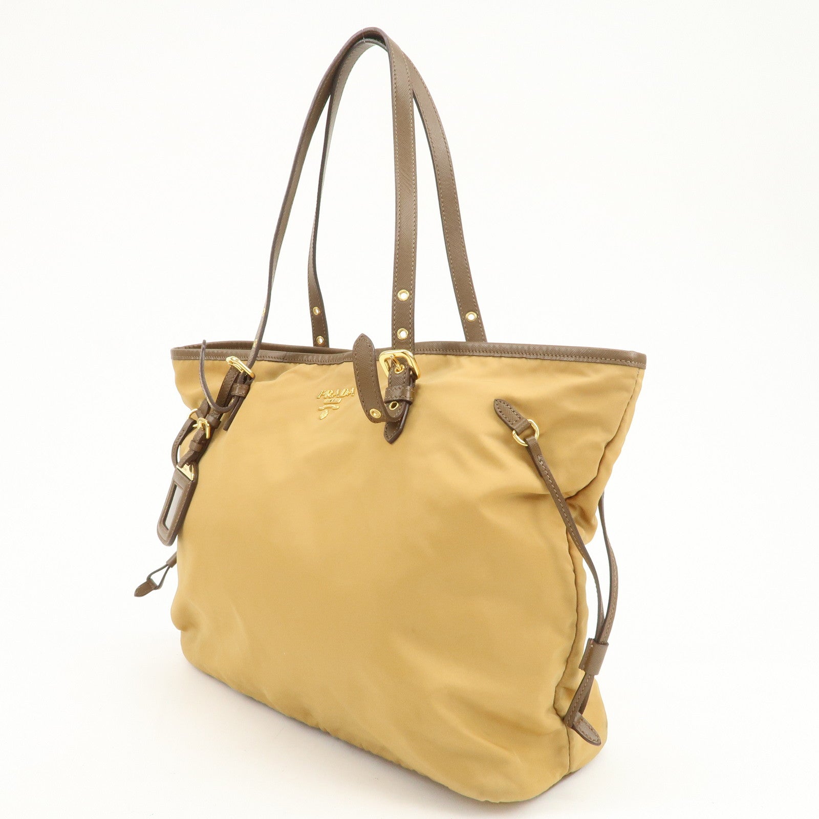 PRADA Logo Nylon Saffiano Leather Tote Bag Shoulder Bag Light Brown