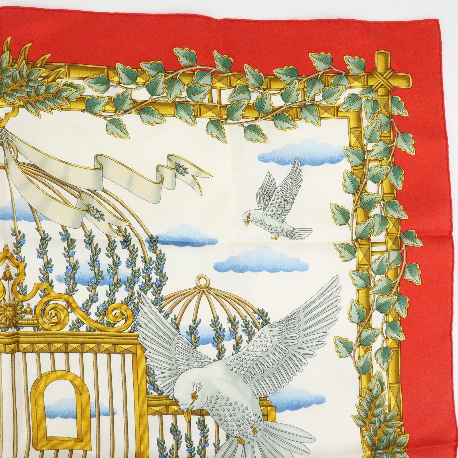 HERMES Carre 90 Silk 100% Scarf ENVOL Bird Print Red White