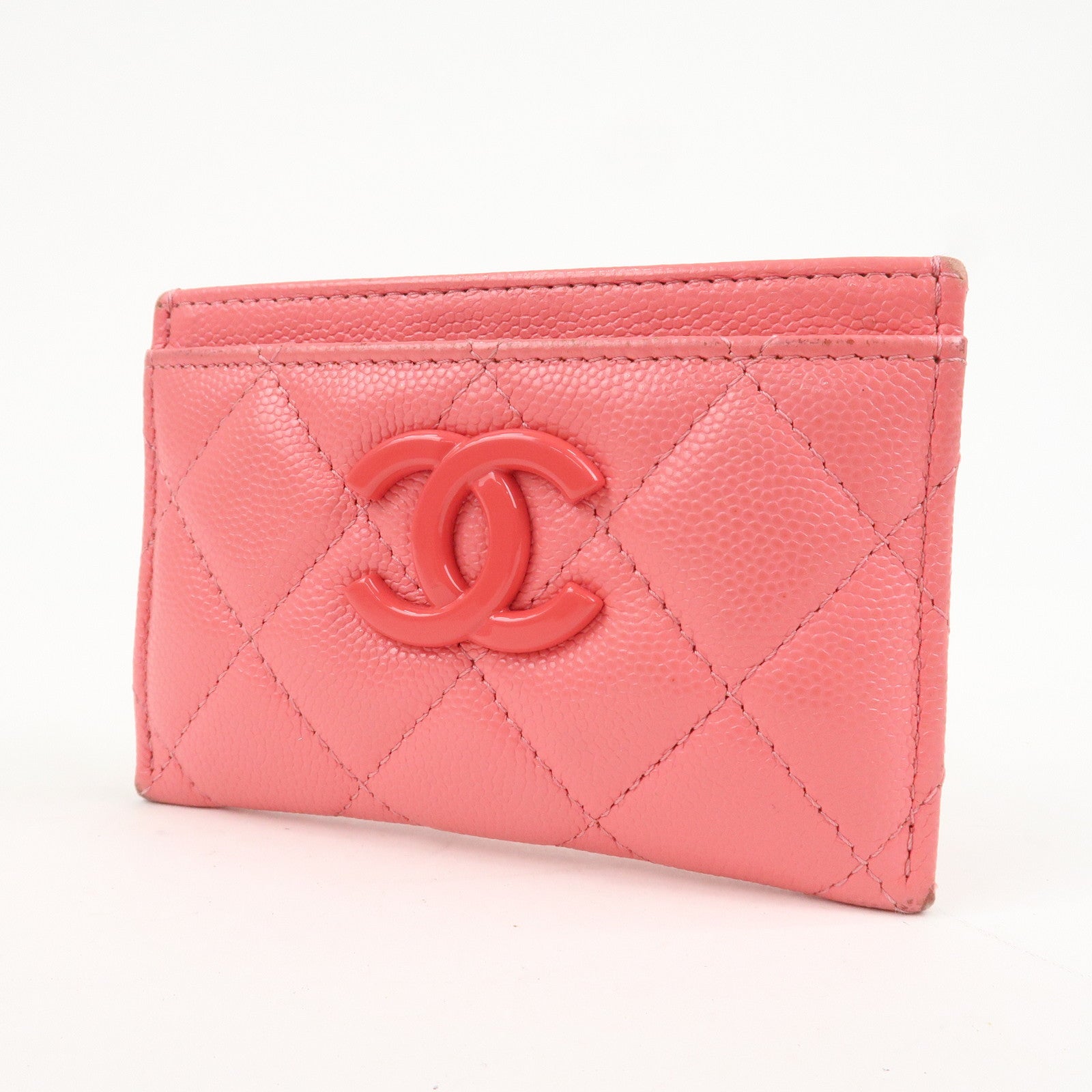 CHANEL COCO Mark Matelasse Caviarskin Card Case Pink