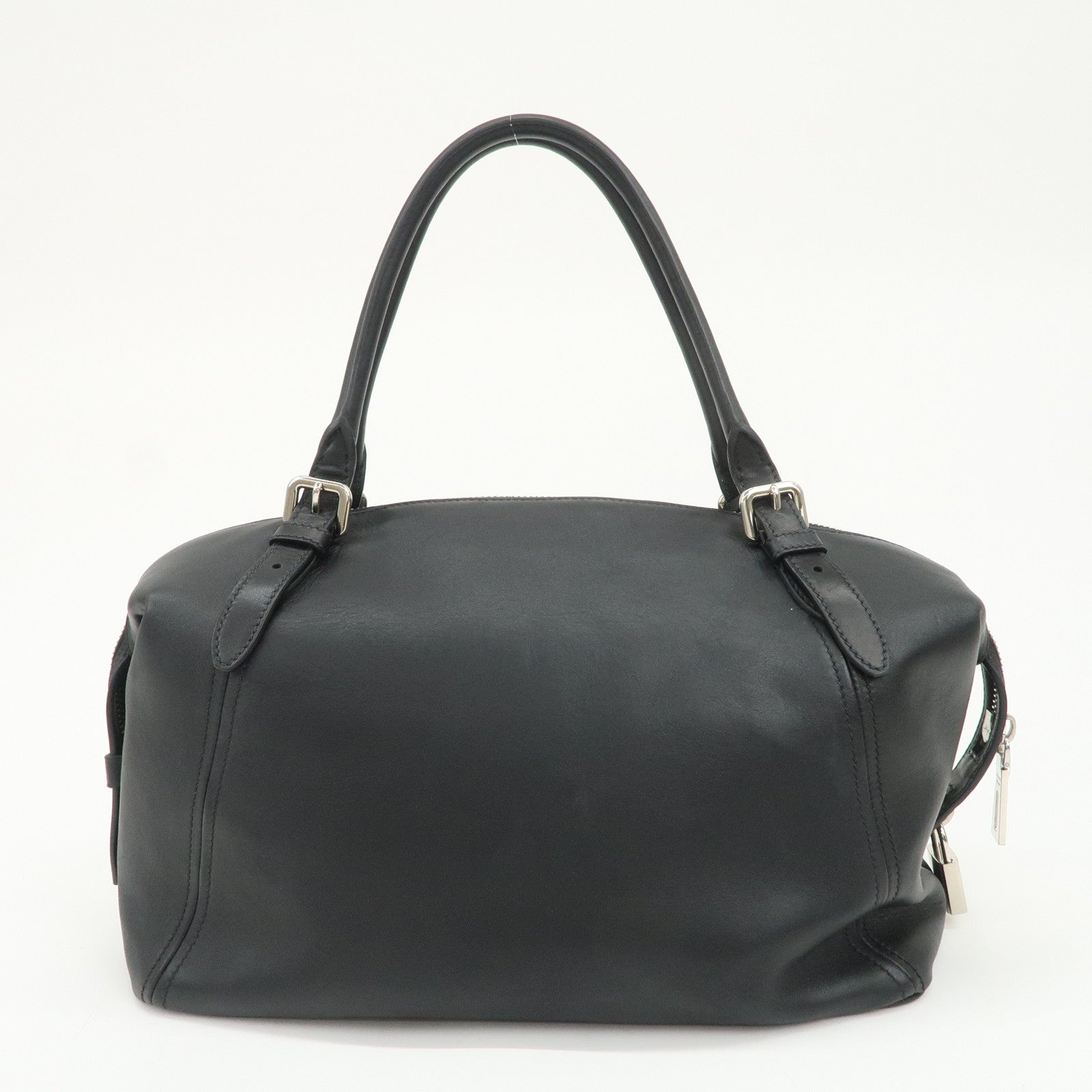 PRADA Triangle Logo Leather Boston Bag Shoulder Bag Black BR4998