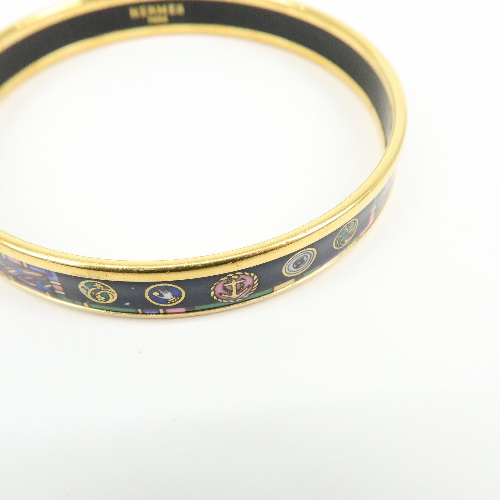 HERMES Email PM Gold Plated Bangle Bracelet Dark Navy Multicolor