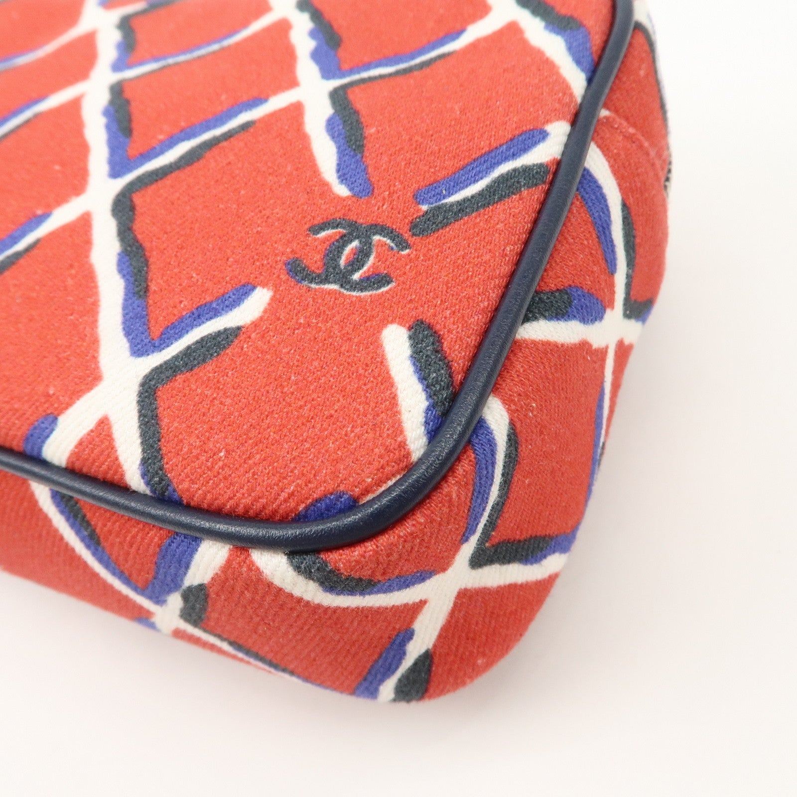 CHANEL COCO Mark COCO Beach Canvas Pouch Red Navy Silver HDW Used