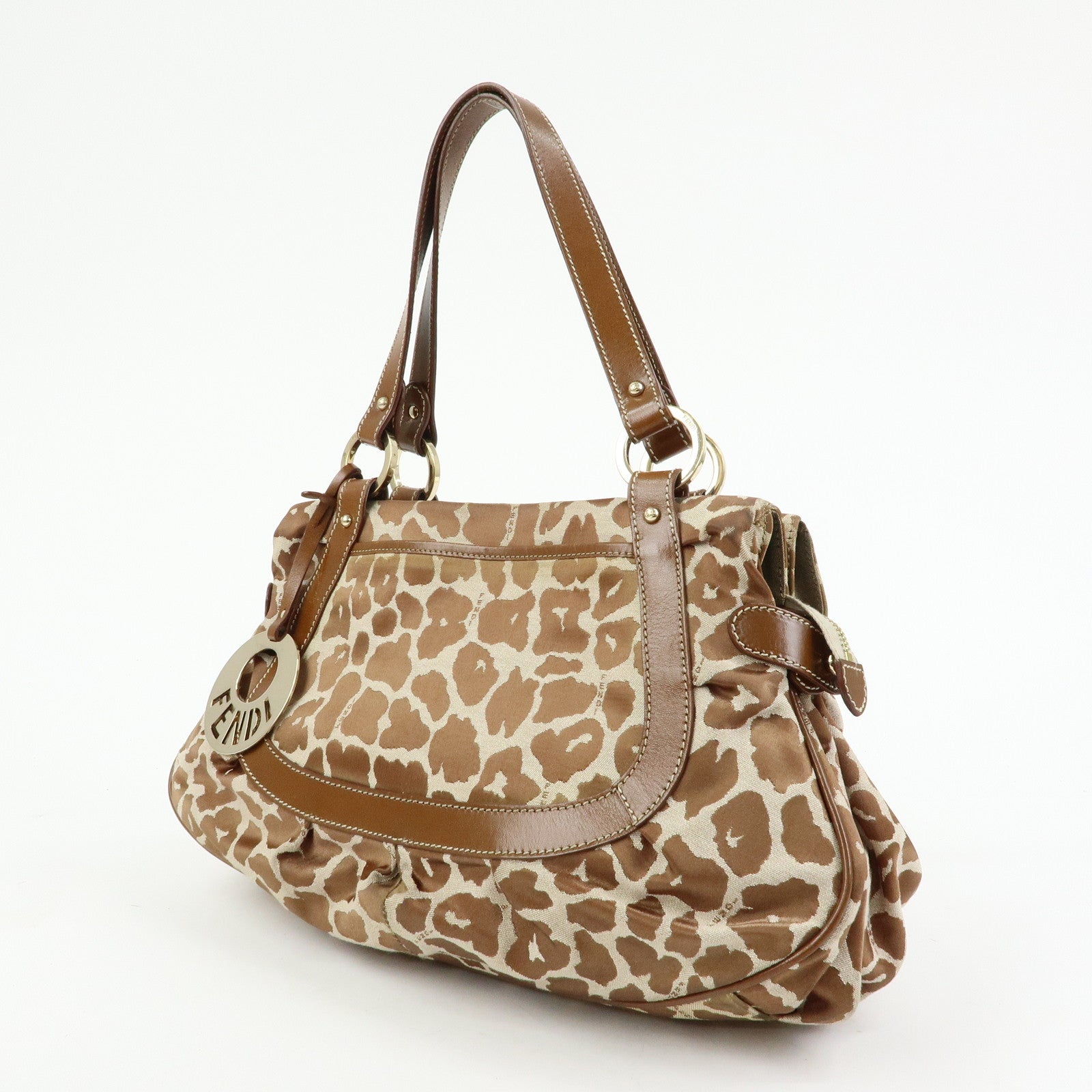 FENDI Canvas Leather Tote Bag Hand Bag Animal Print Brown 8BR628