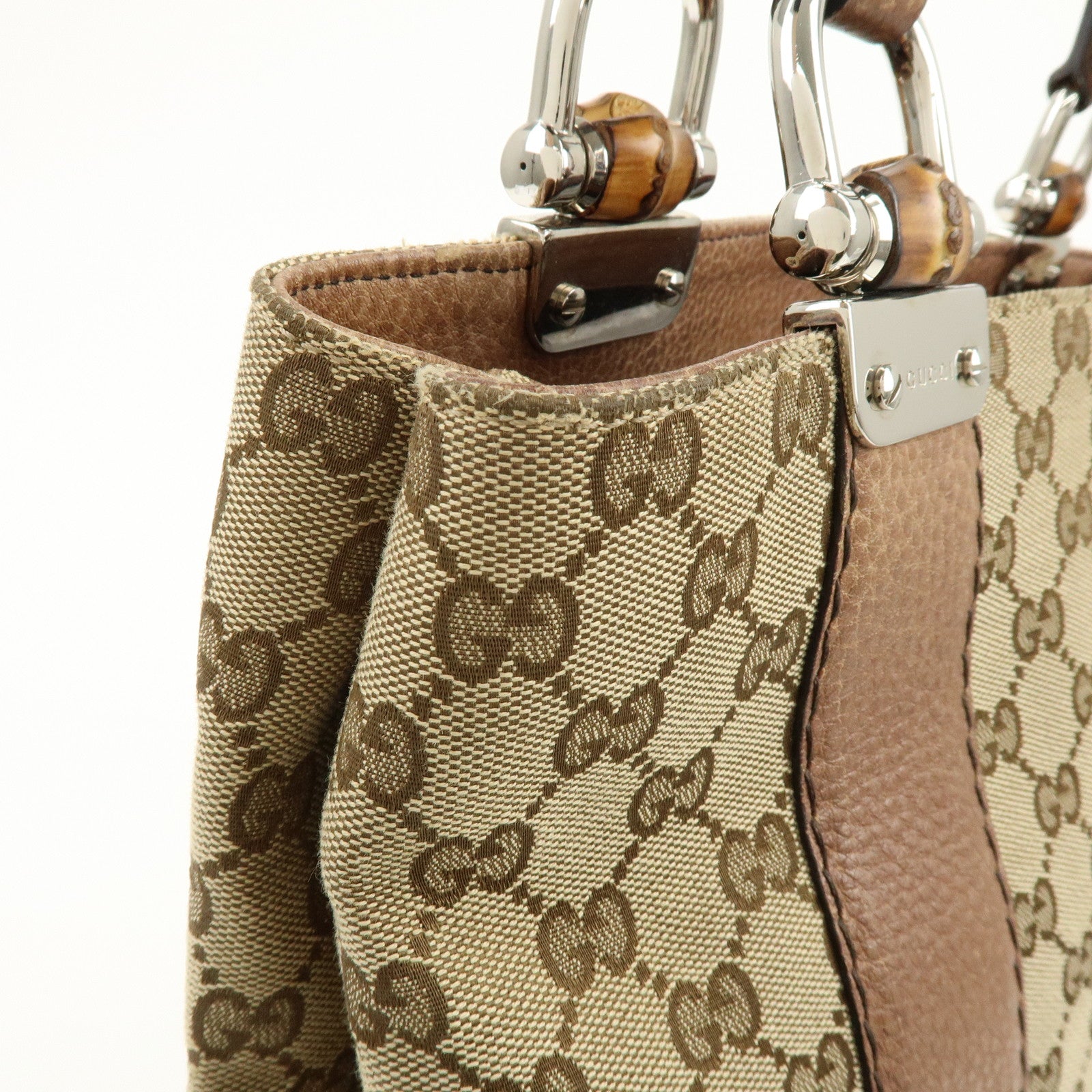 GUCCI Bamboo GG Canvas Leather Tote Bag Shoulder Bag Beige 232946