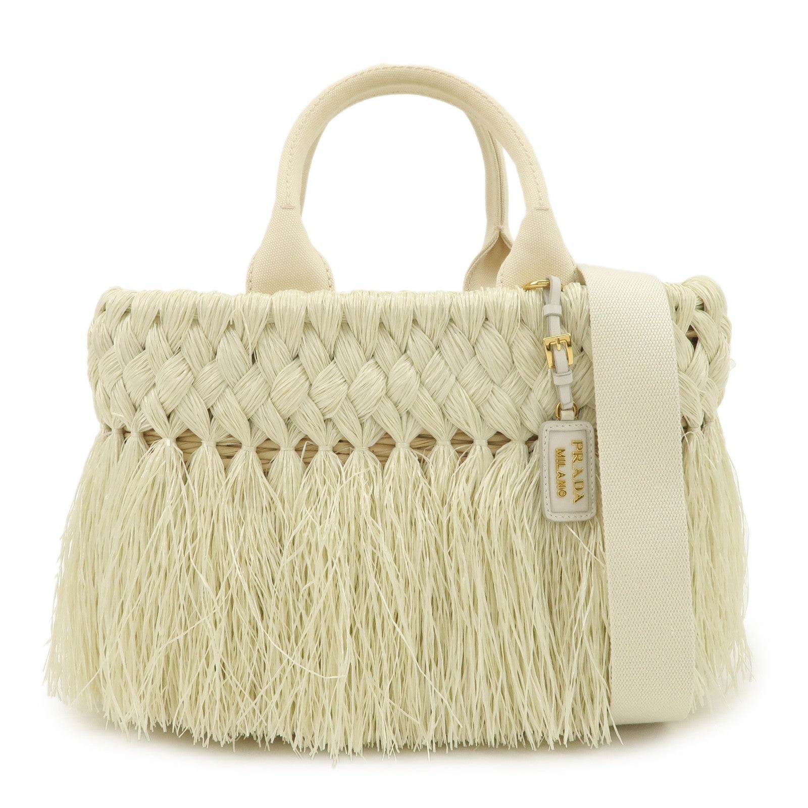 PRADA Logo Raffia Canvas Straw Hand Bag White Gold Charm1BG089