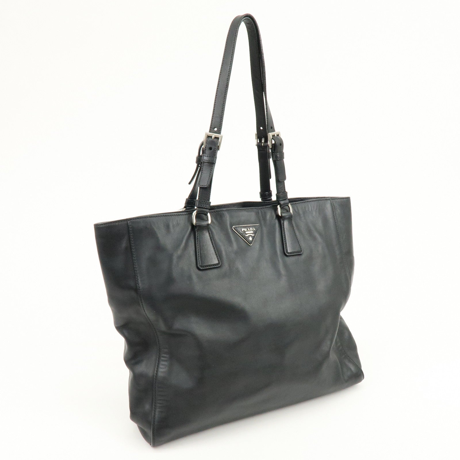 PRADA Triangle Logo Leather Tote Bag Shoulder Bag Black BR5033