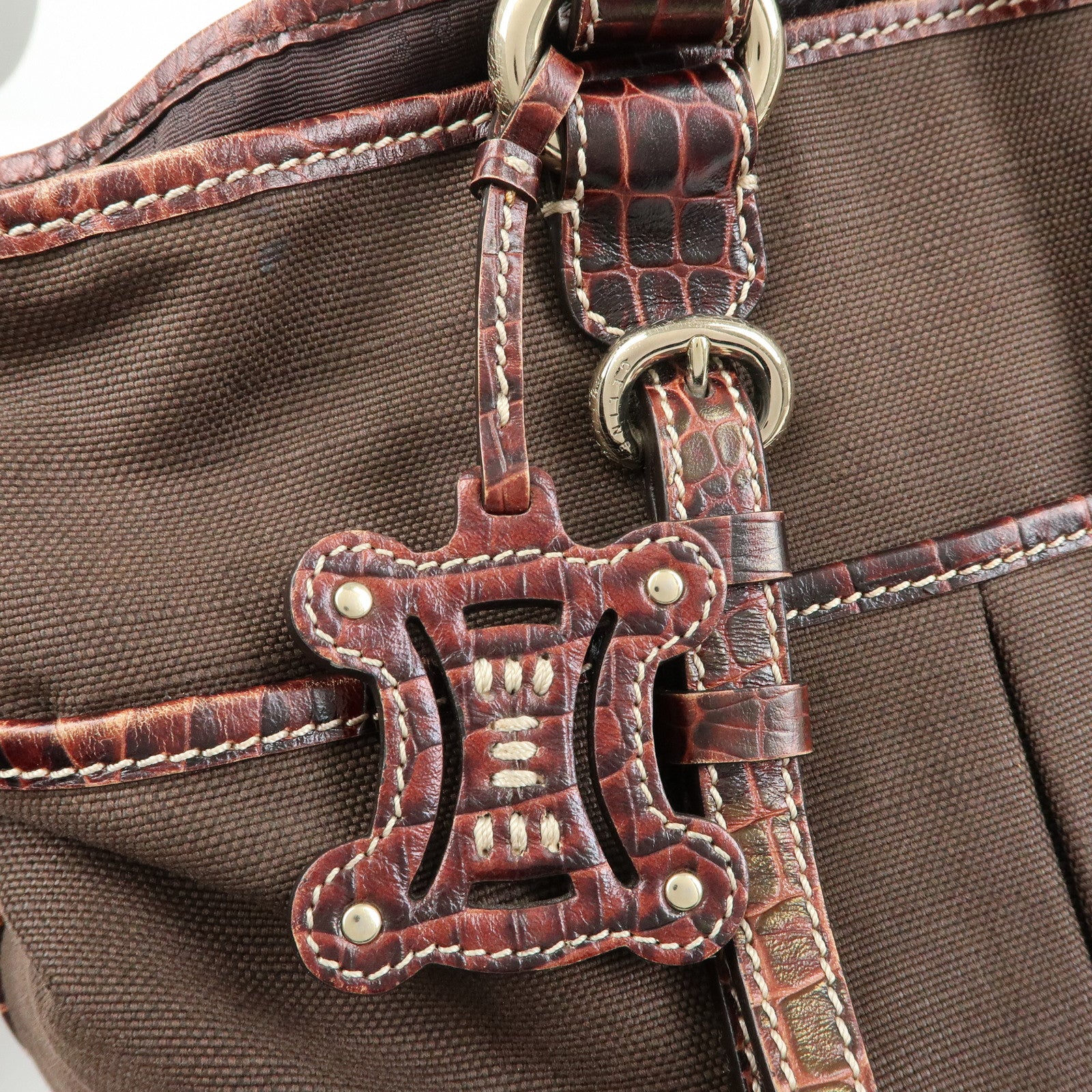 CELINE Logo Canvas Embossed Leather Tote Bag Hand Bag Brown