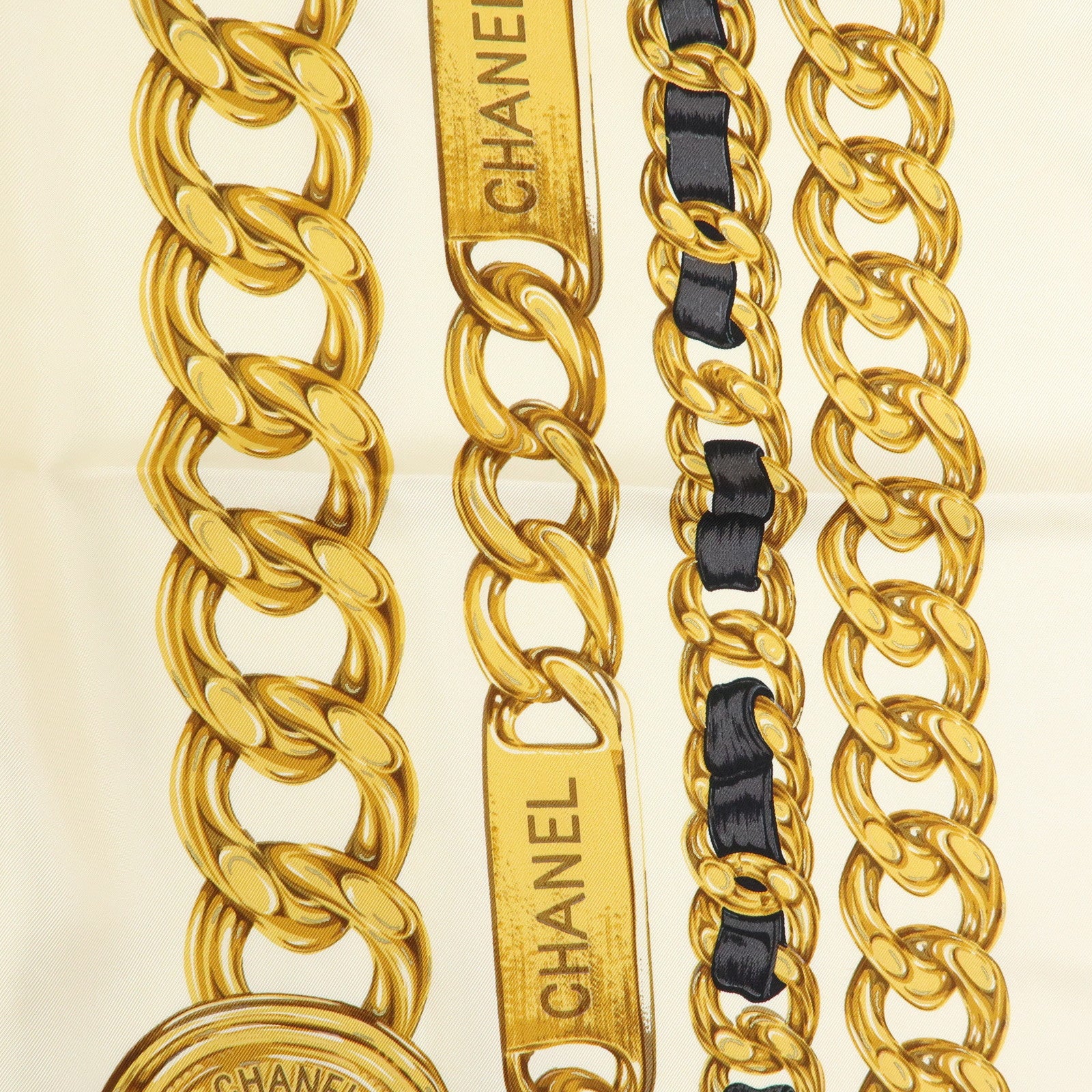 CHANEL Silk 100% Scarf Chain Medal Motif Beige Gold