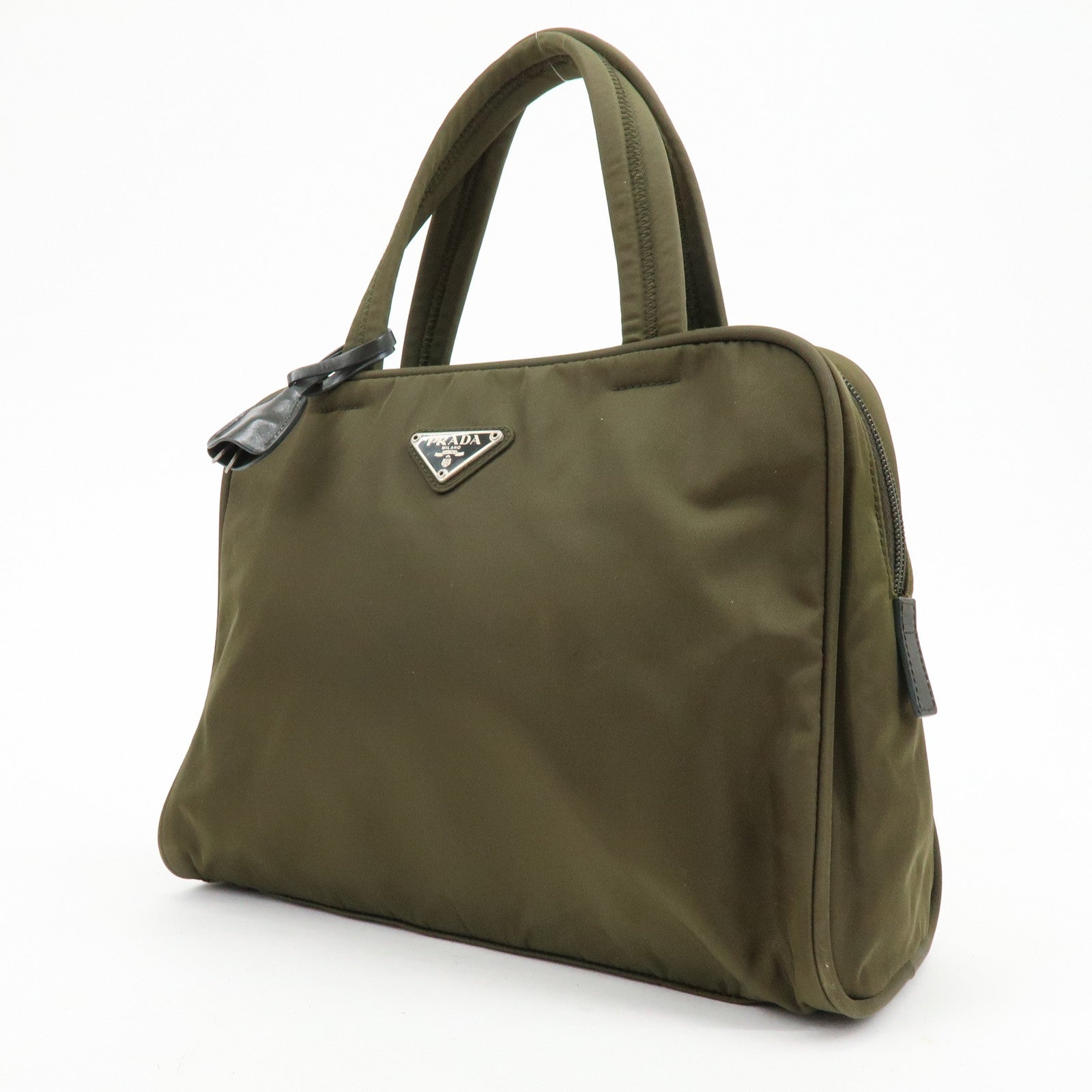 PRADA Triangle Logo Nylon Leather Hand Bag Boston Bag Khaki
