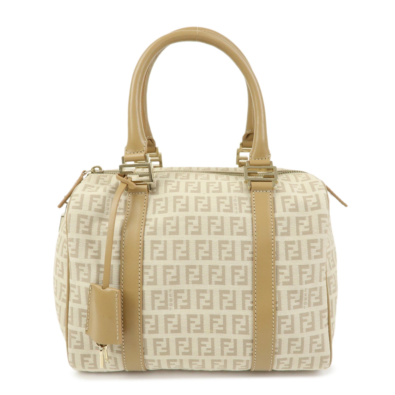FENDI Zucchino Canvas Leather Boston Bag Hand Bag Beige 8BL068