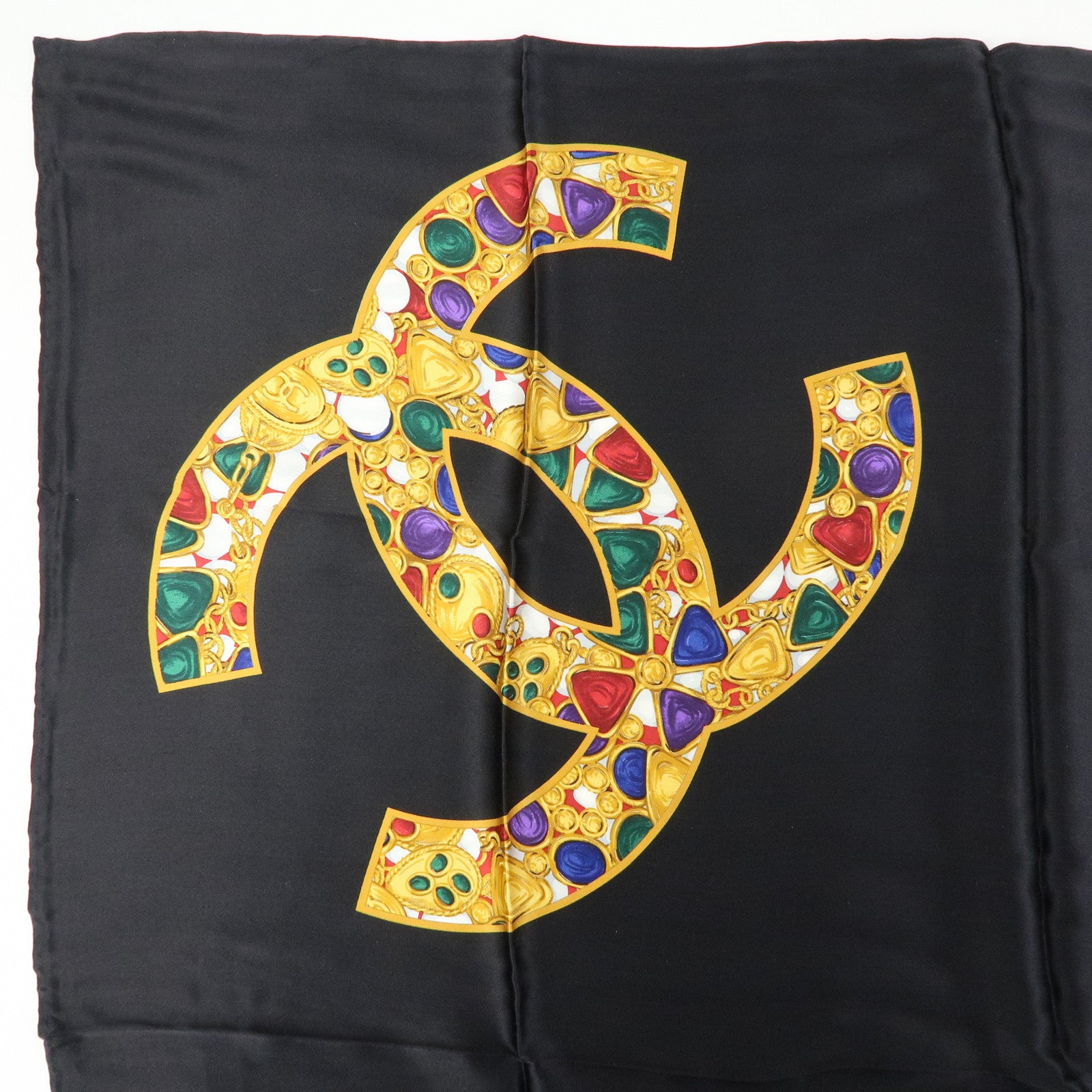 CHANEL COCO Mark Jewelry Silk 100% Scarf Black Yellow Multicolor