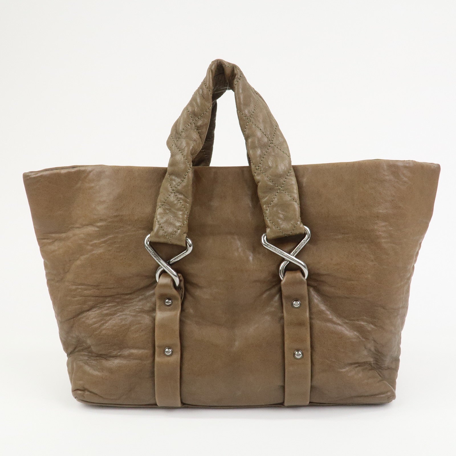 CHANEL Matelasse Lamb Skin Tote Bag Hand Bag Khaki
