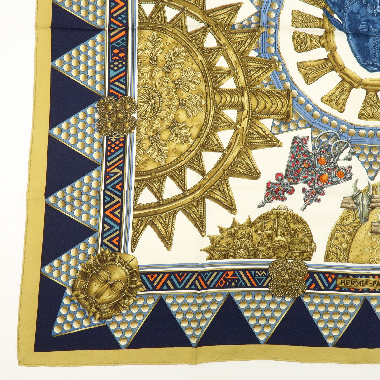 HERMES Carre 90 Silk 100% Scarf L'OR DES CHEFS Gold Navy