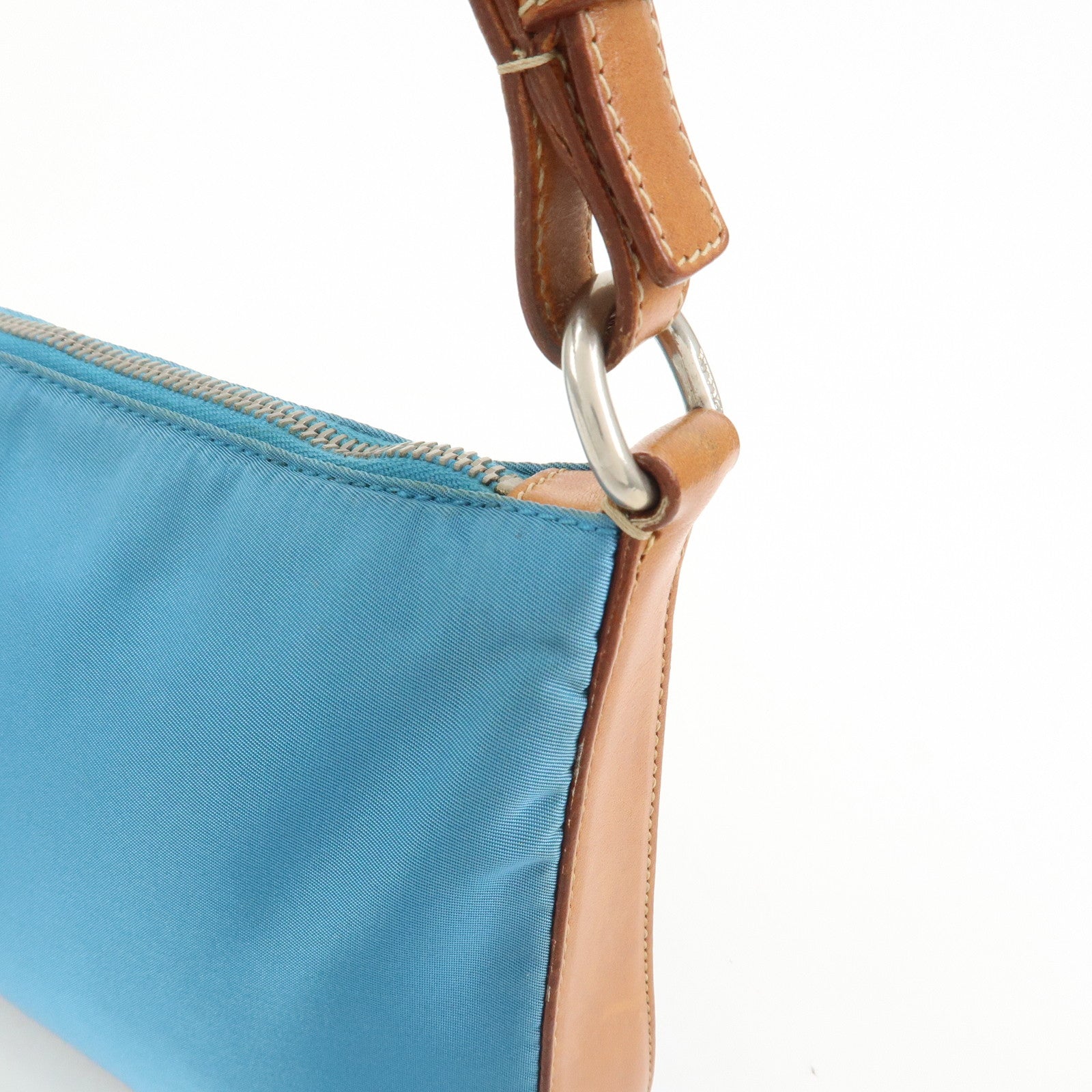 PRADA Triangle Logo Nylon Leather Shoulder Bag Blue Brown BR2205