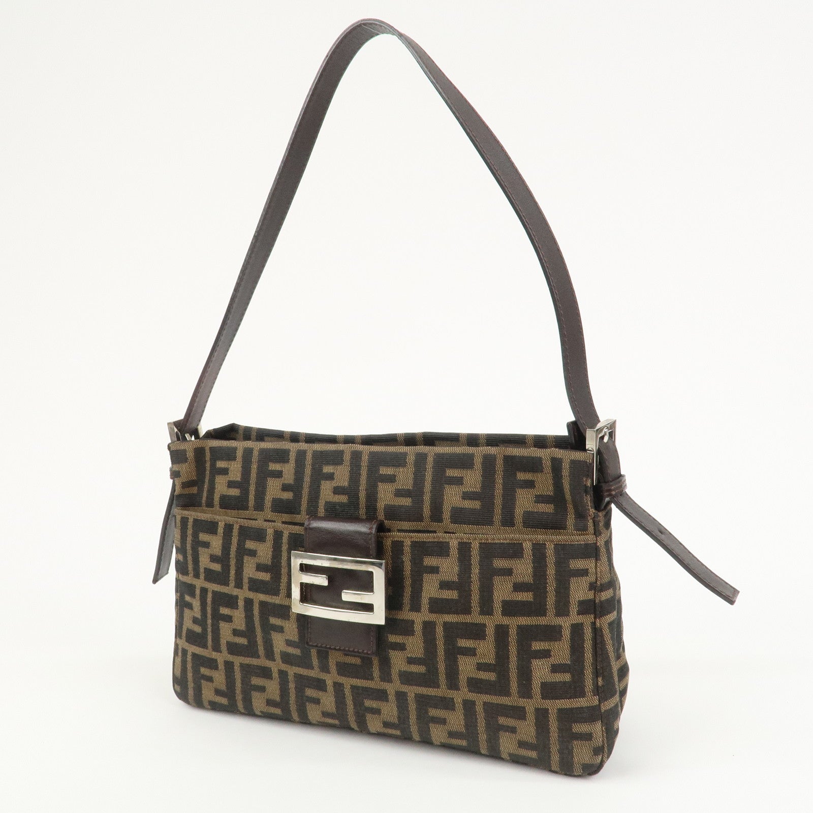 FENDI Zucca Canvas Leather Shoulder Bag Brown Black 26566