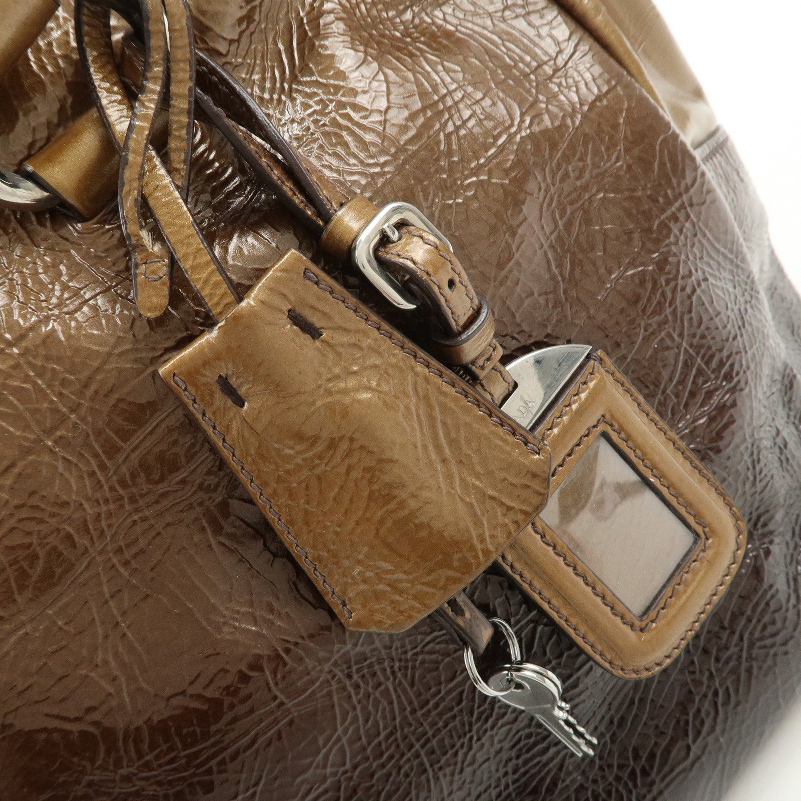 PRADA Logo Patent Leather Hand Bag Boston Bag Brown BL0555