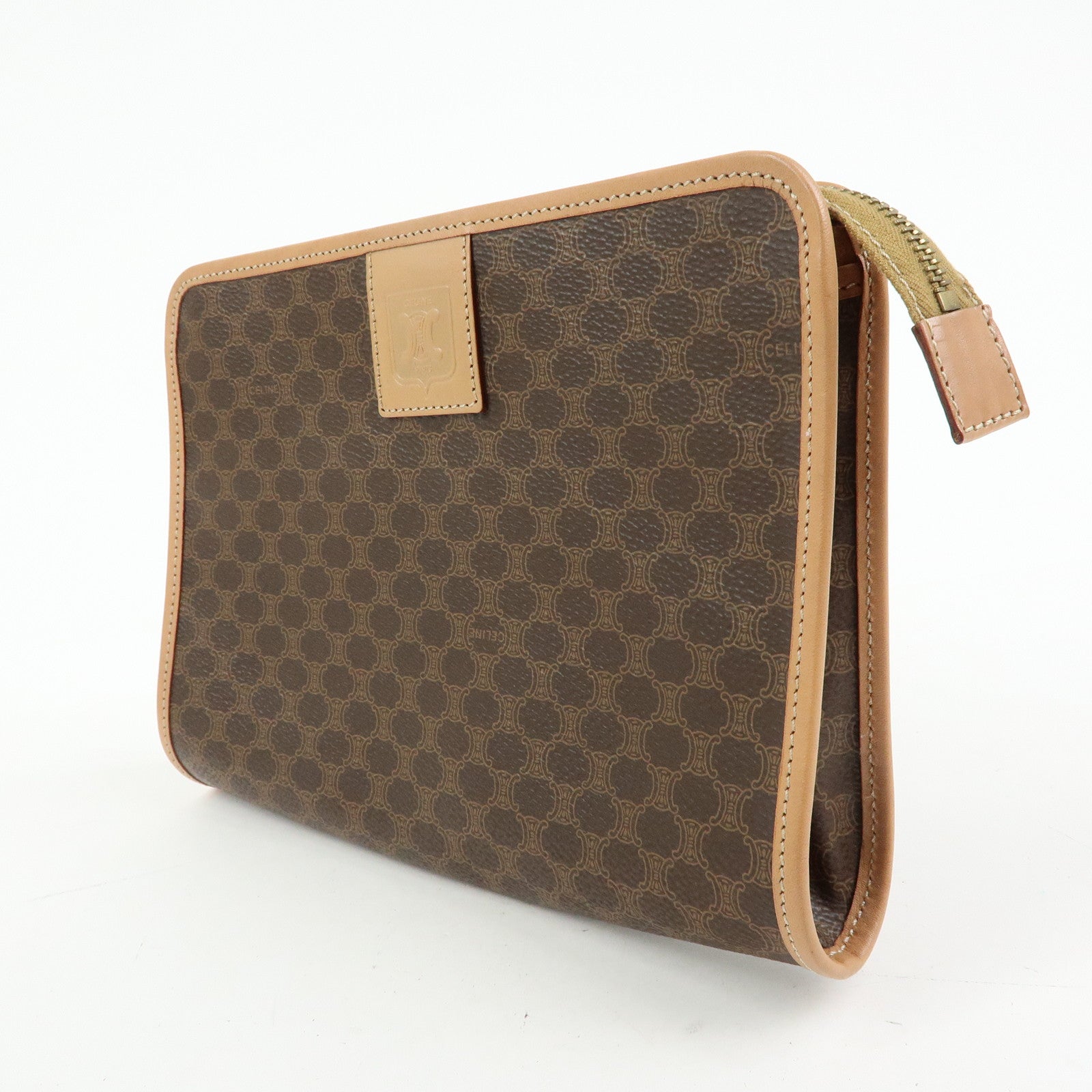 CELINE Macadam PVC Leather Clutch Bag Cosmetic Pouch Brown