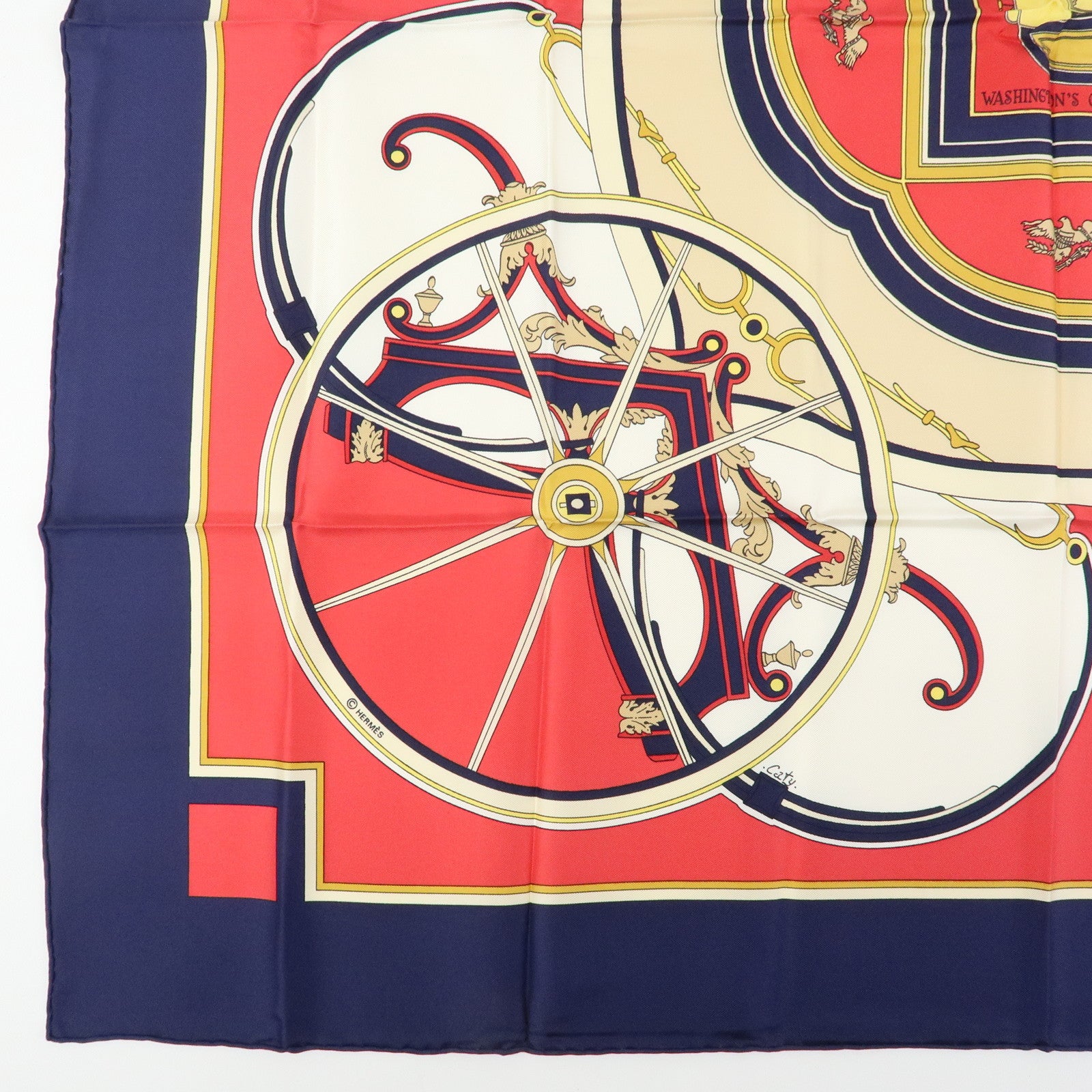 HERMES Carre 90 Silk 100% Scarf WASHINGTON’S CARRIAGE Red Navy