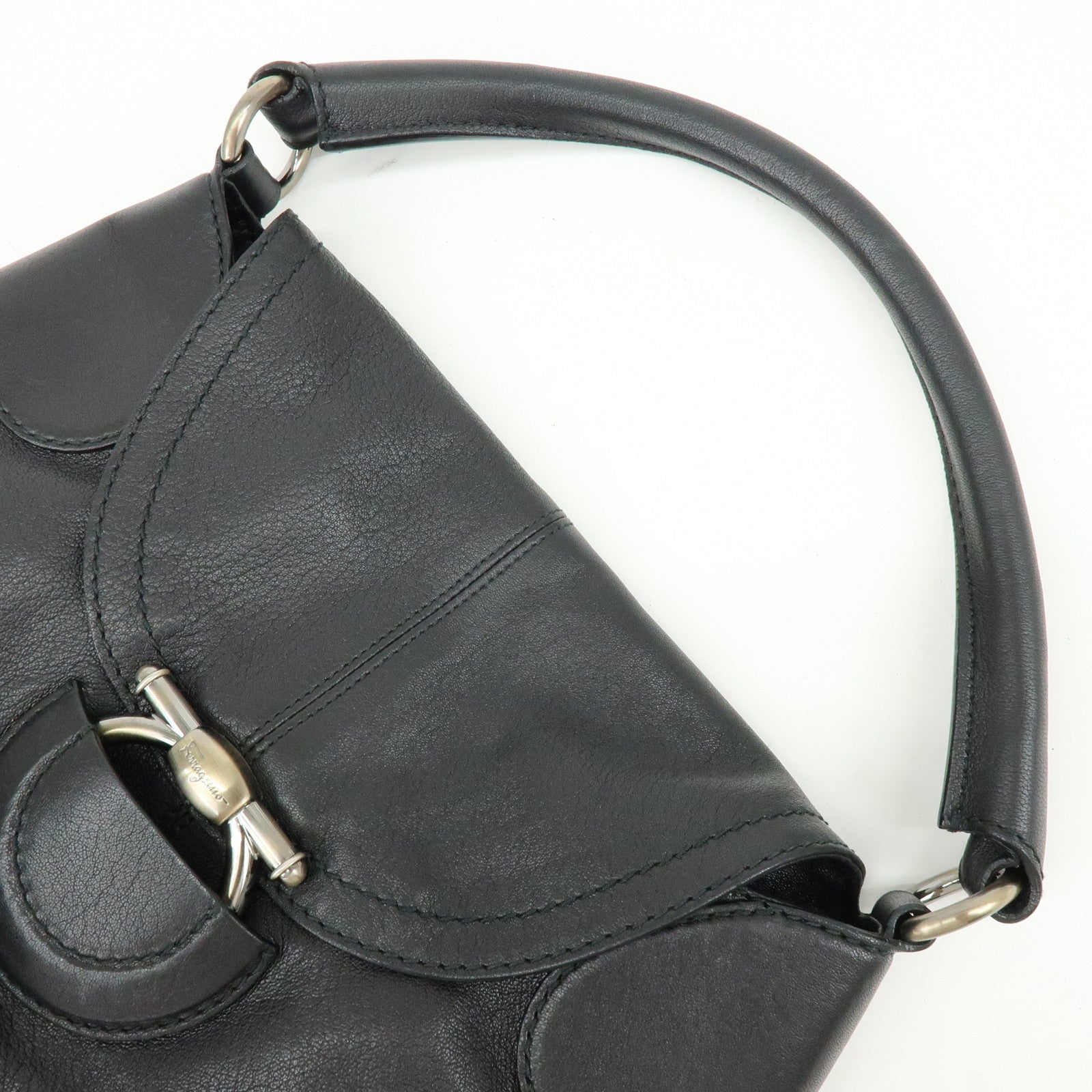 Ferragamo Gancini Leather Shoulder Bag Hand Bag Black
