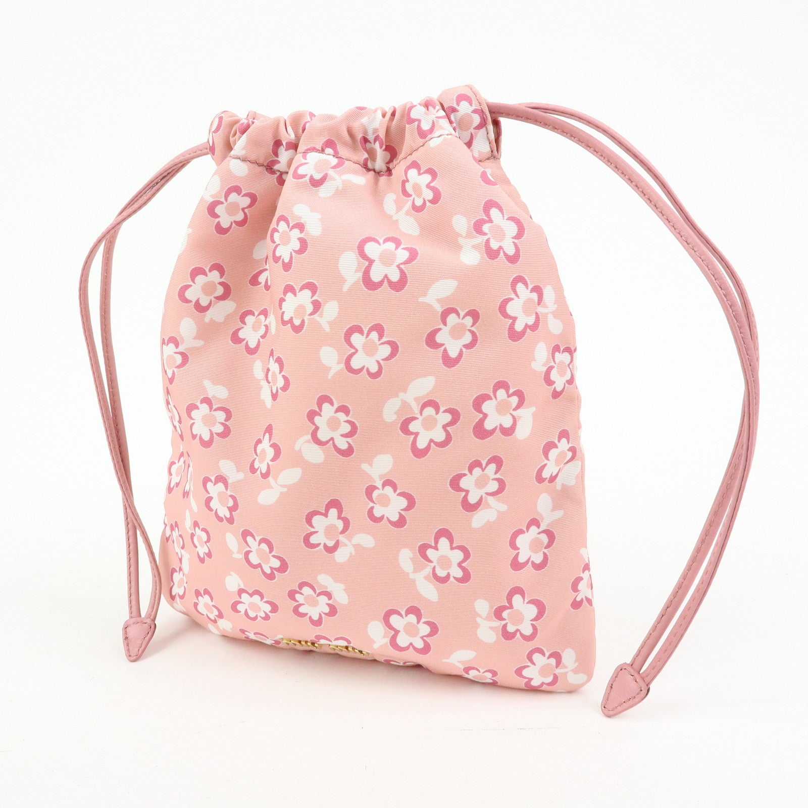 MIU MIU Logo Nylon Leather Drawstring Pouch Flower Motif 5NG003
