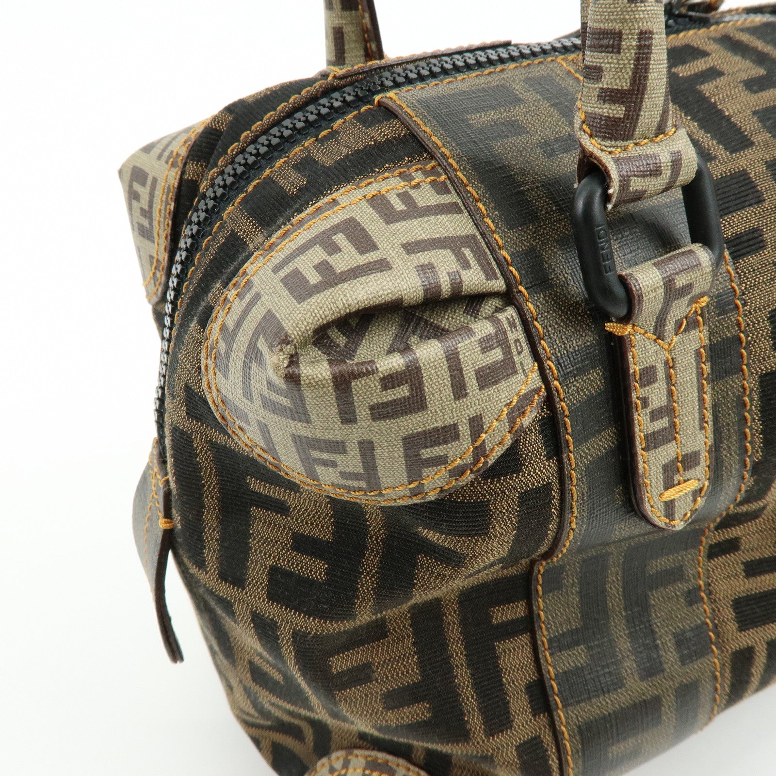 FENDI Zucca Zucchino Canvas PVC Boston Hand Bag Brown 8BL095