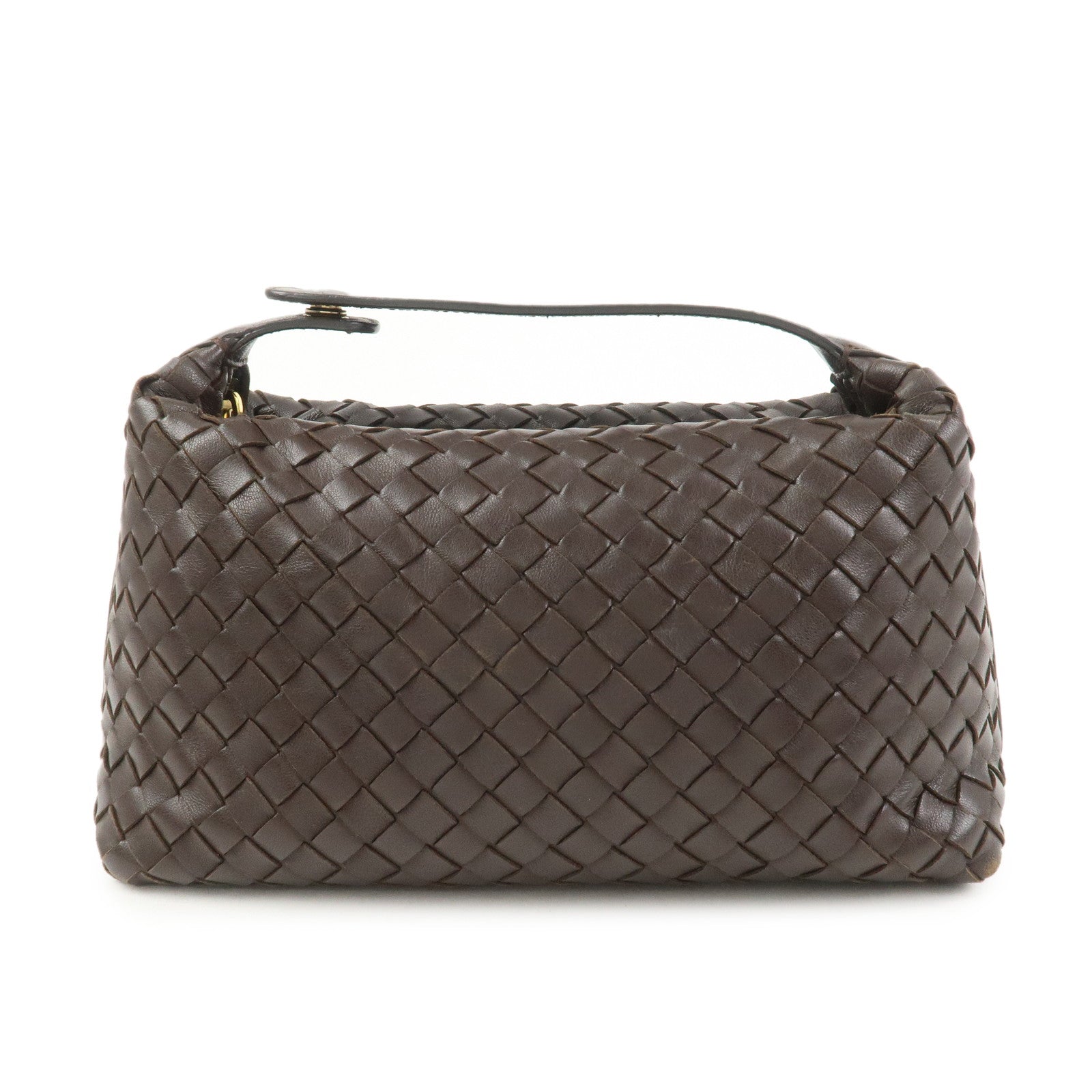 BOTTEGA VENETA Intrecciato Lamb Skin Hand Bag Boston Bag Dark Brown