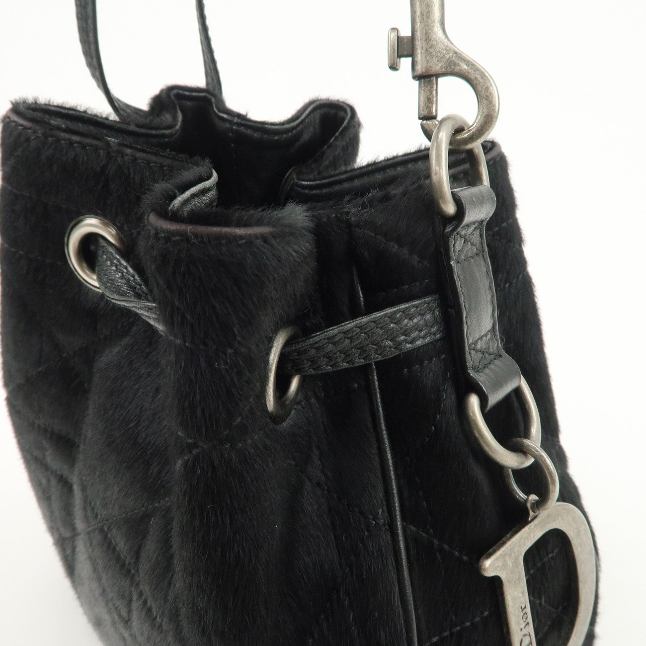 Christian Dior Unborn Carf Leather Drawstring Hand Bag Black Silver