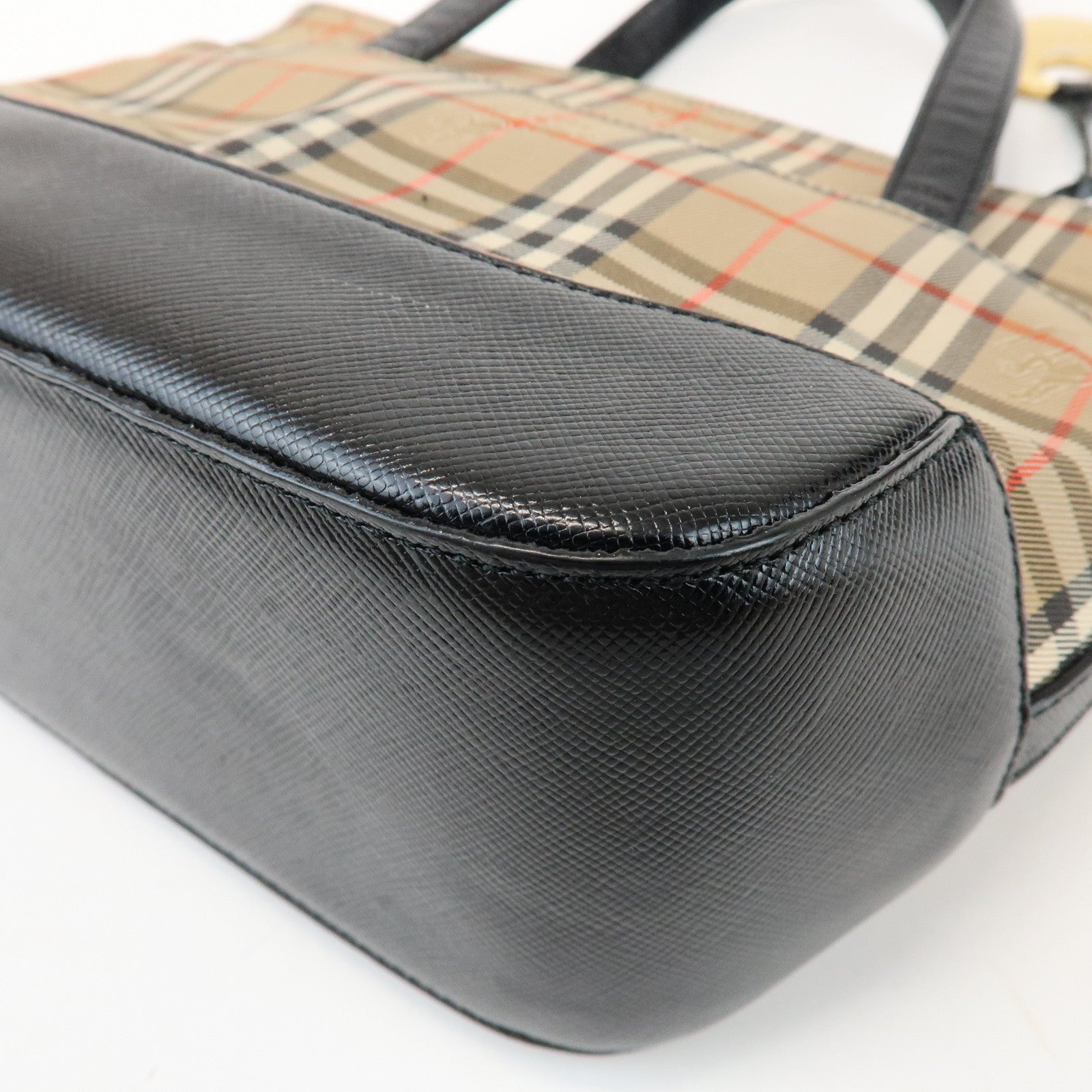 BURBERRY Nova Plaid Canvas Leather Small Hand Bag Black Beige