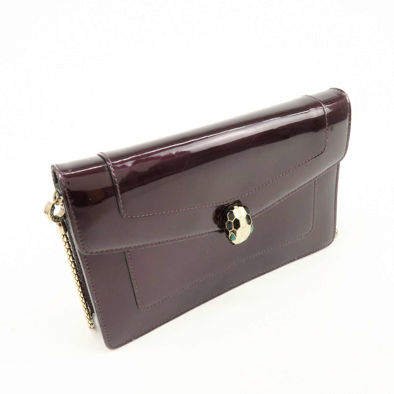 BVLGARI Serpenti Forever Patent Leather Chain Wallet Purple
