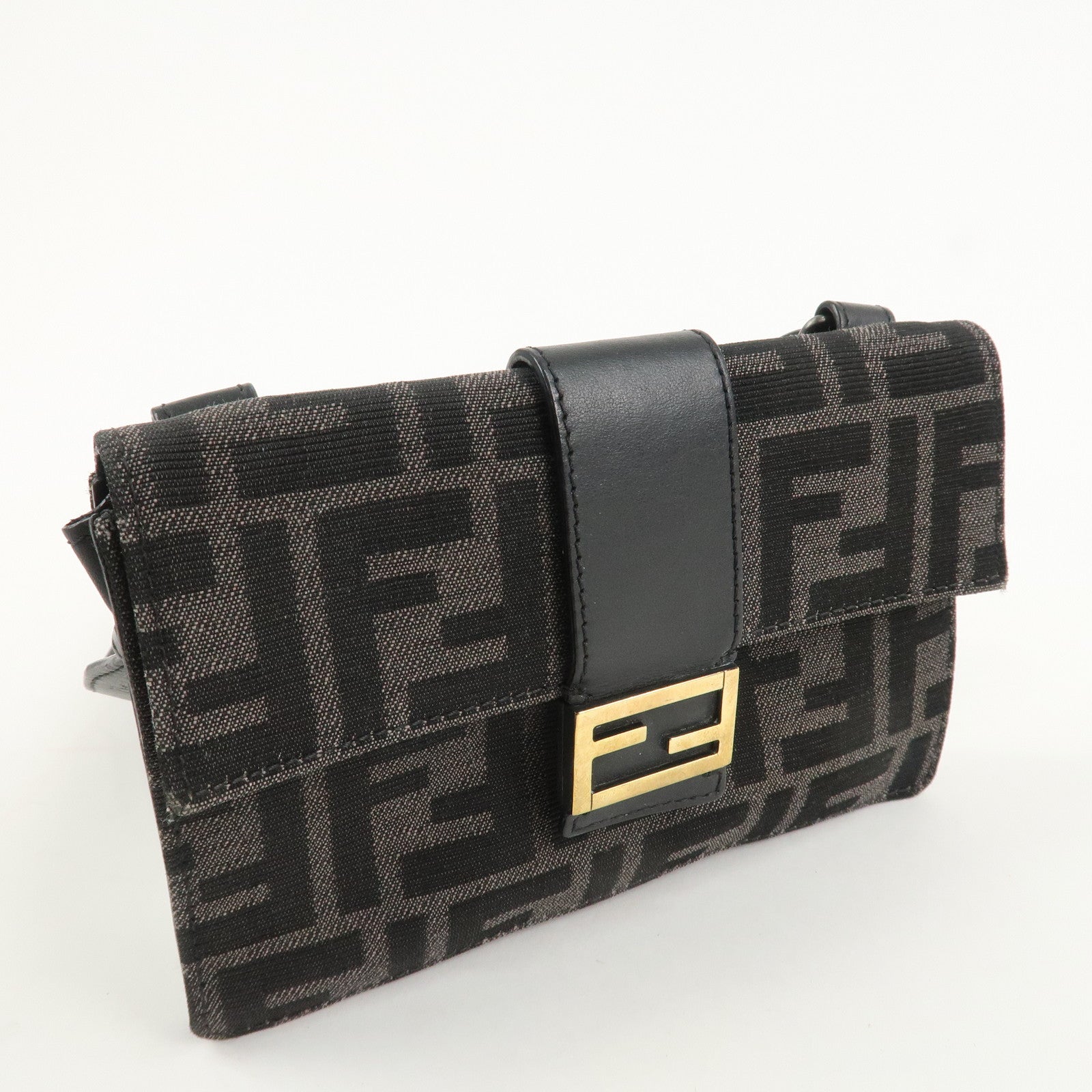 FENDI Zucca Leather Canvas Baguette Slim Clutch Bag Black 7M0295 Used