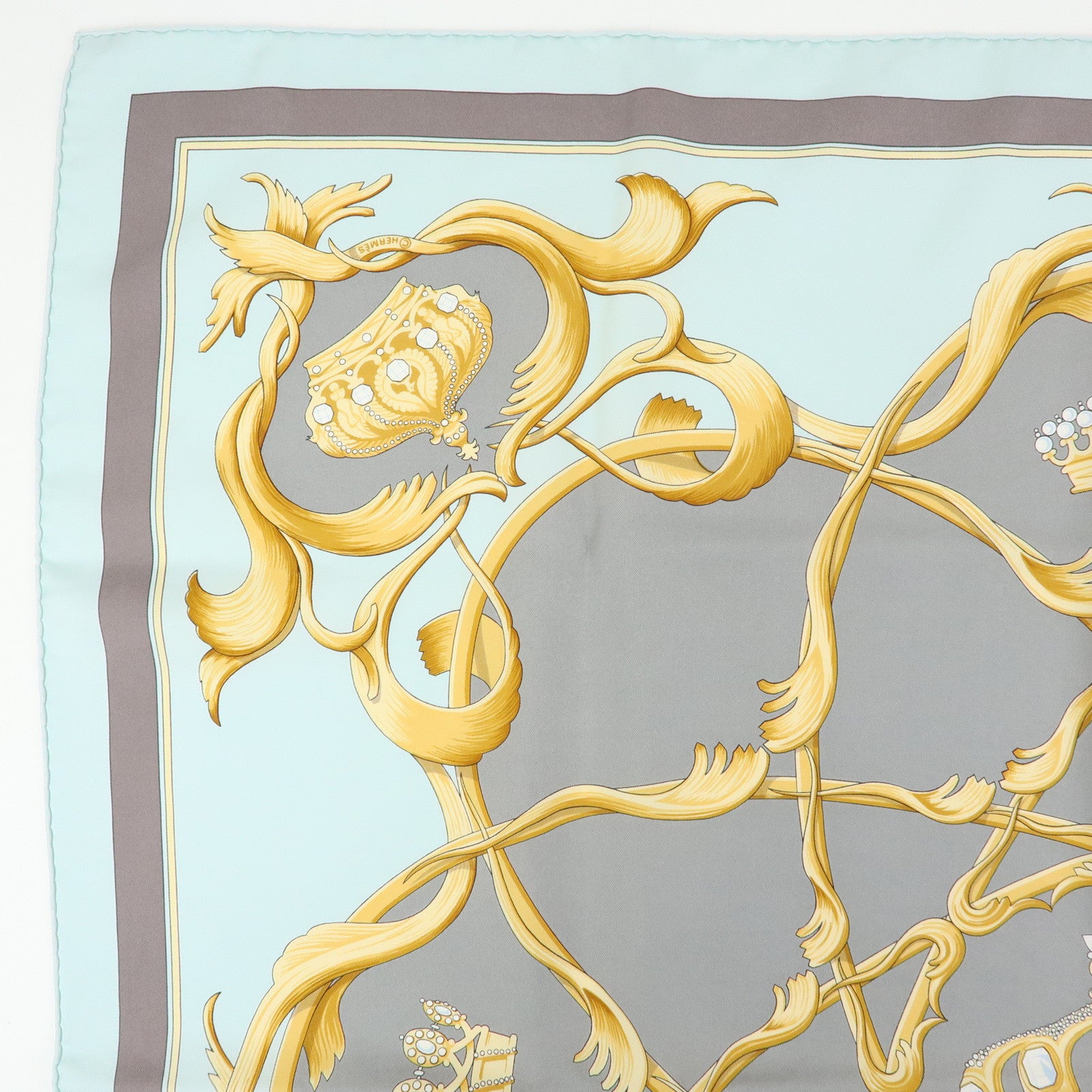 HERMES Carre 90 Silk 100% Scarf CROWN Sky Blue White