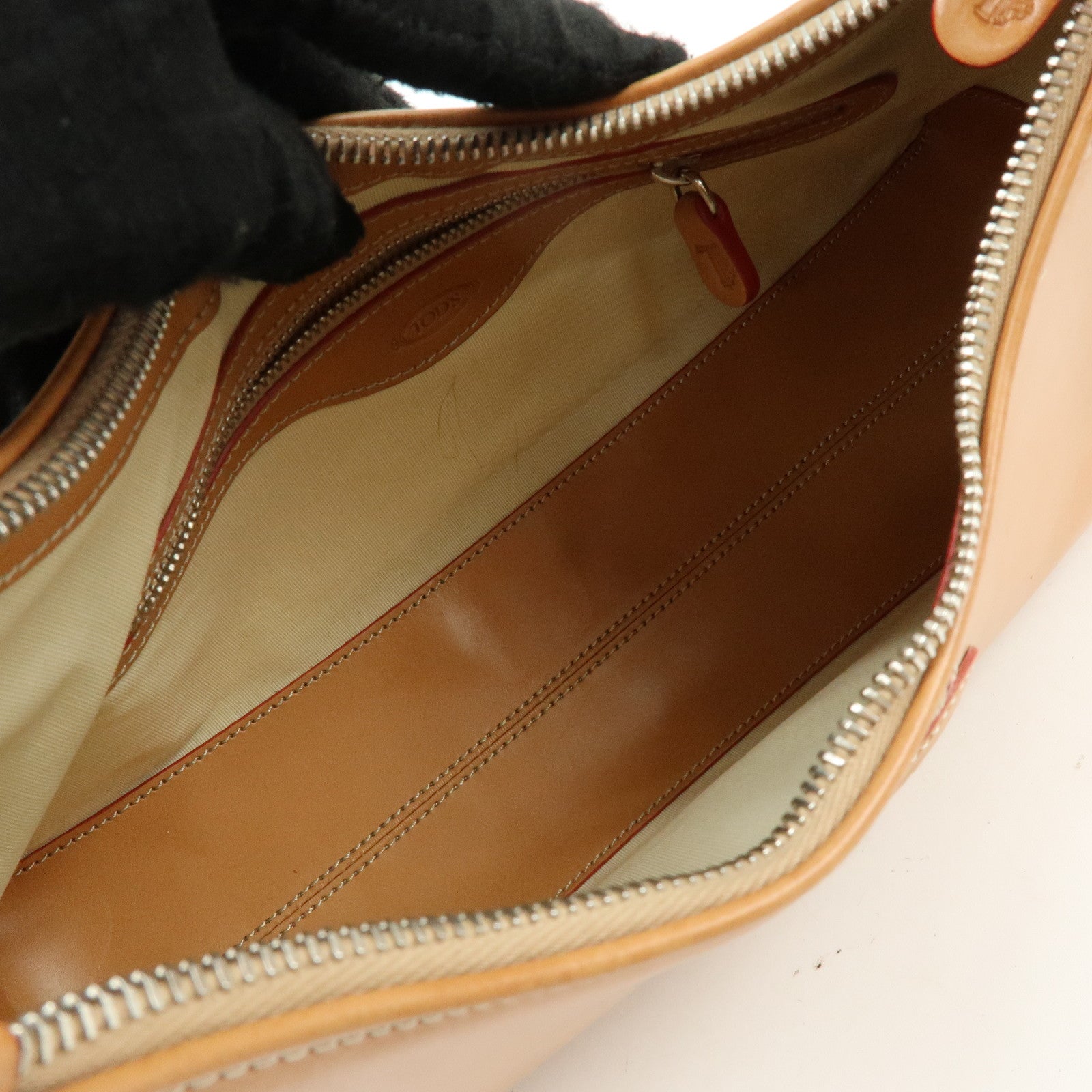 TOD'S Leather Stitched Shoulder Bag Hand Bag Camel