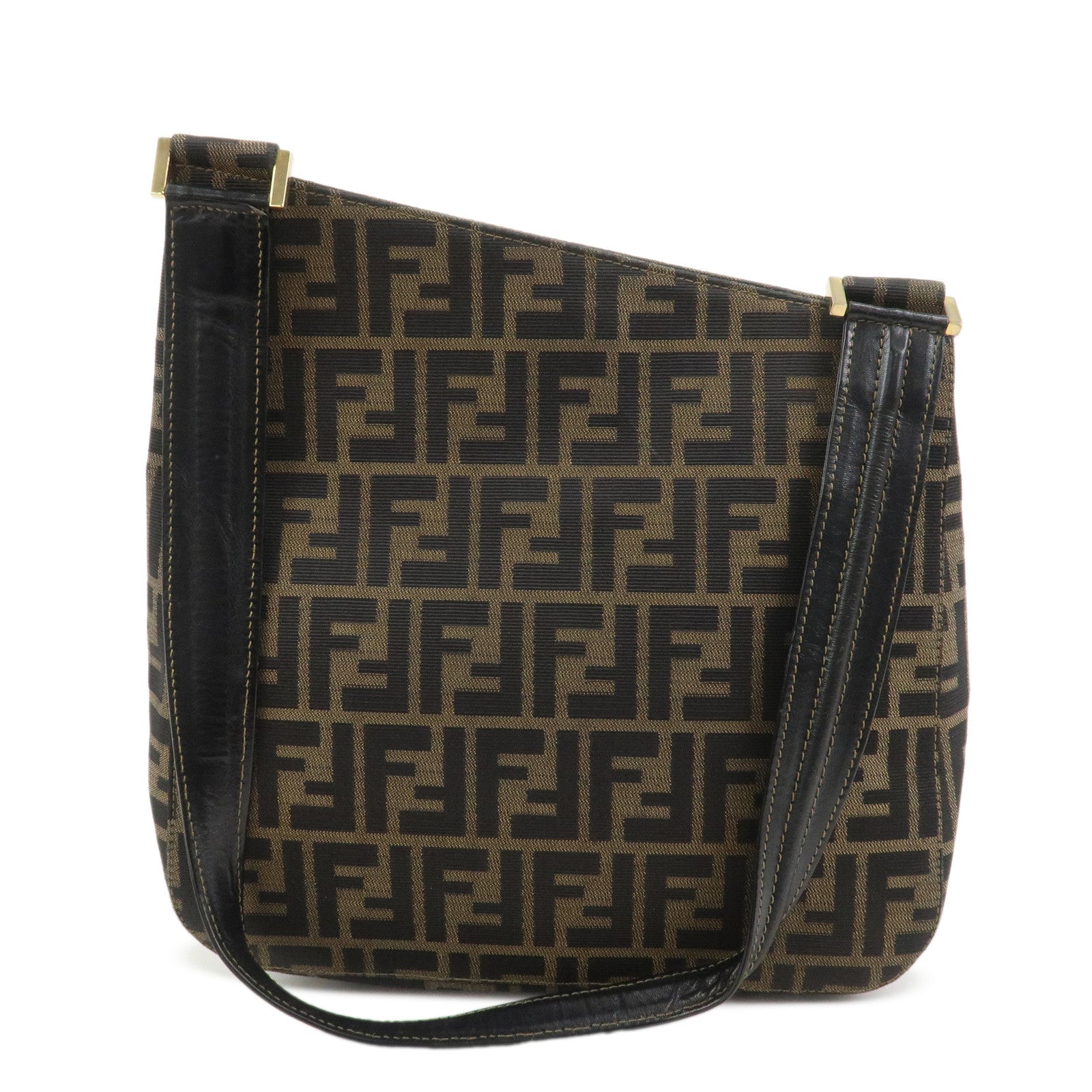 FENDI Zucca Canvas Leather Shoulder Bag Hand Bag Brown Black