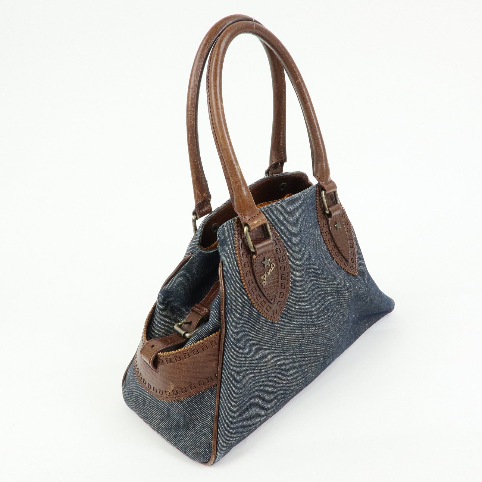 FENDI Etnico Denim Leather Tote Bag Shoulder Bag Blue Brown 8BN157