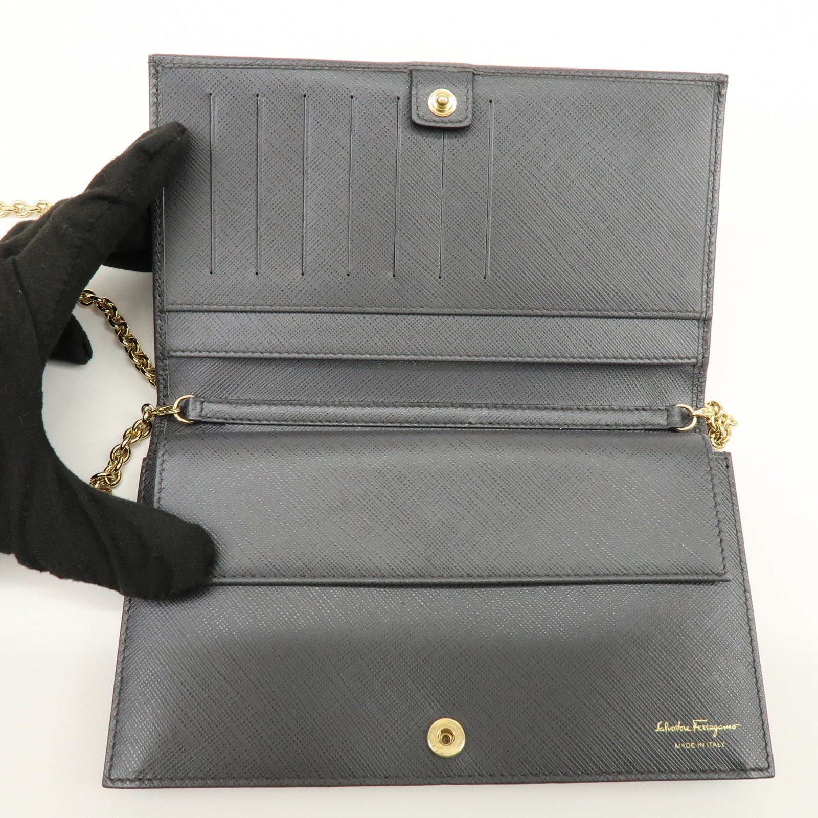 Ferragamo Varra Ribbon Leather Chain Shoulder Bag Wallet Gray