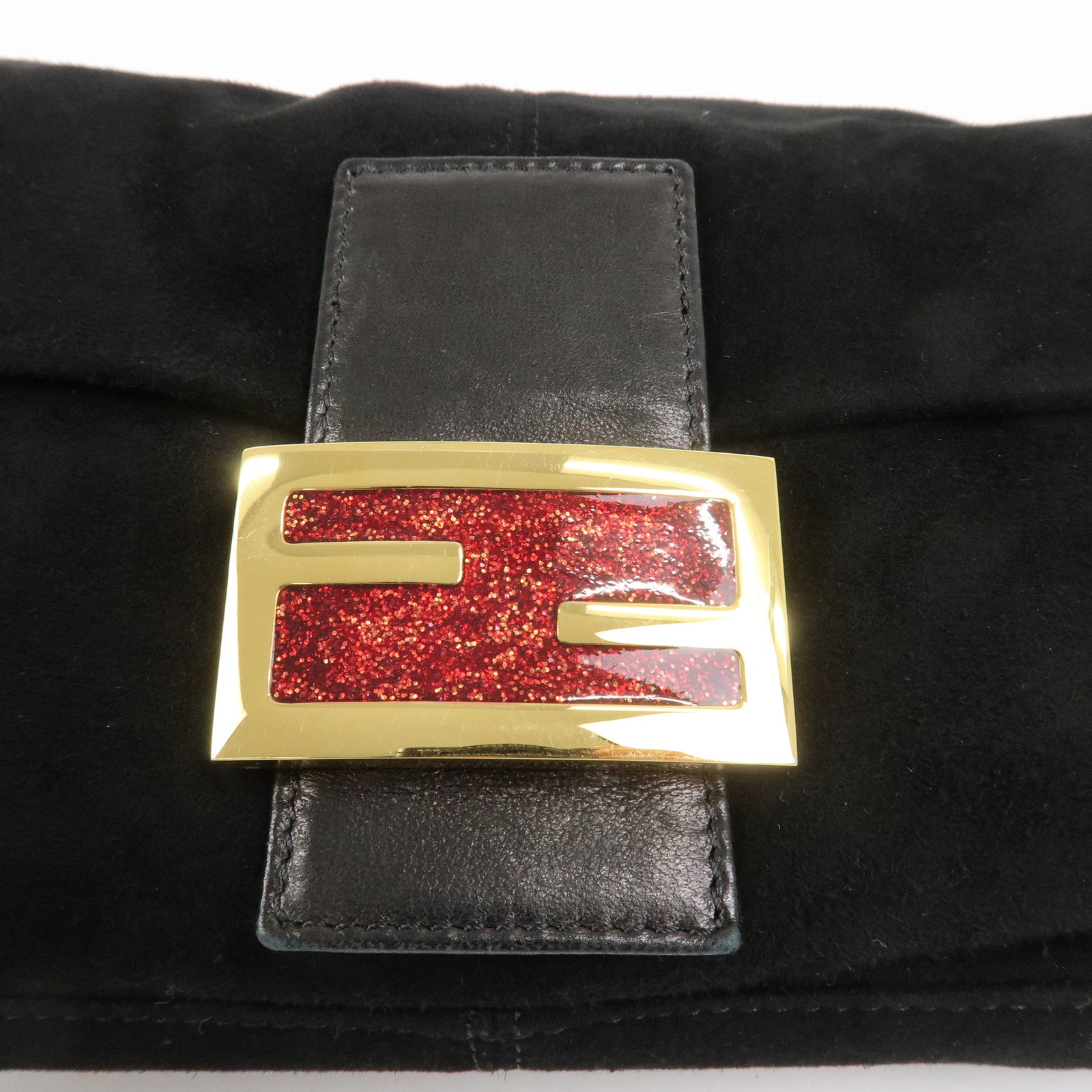 FENDI Mamma Baguette Suede Leather Shoulder Bag Black 26424