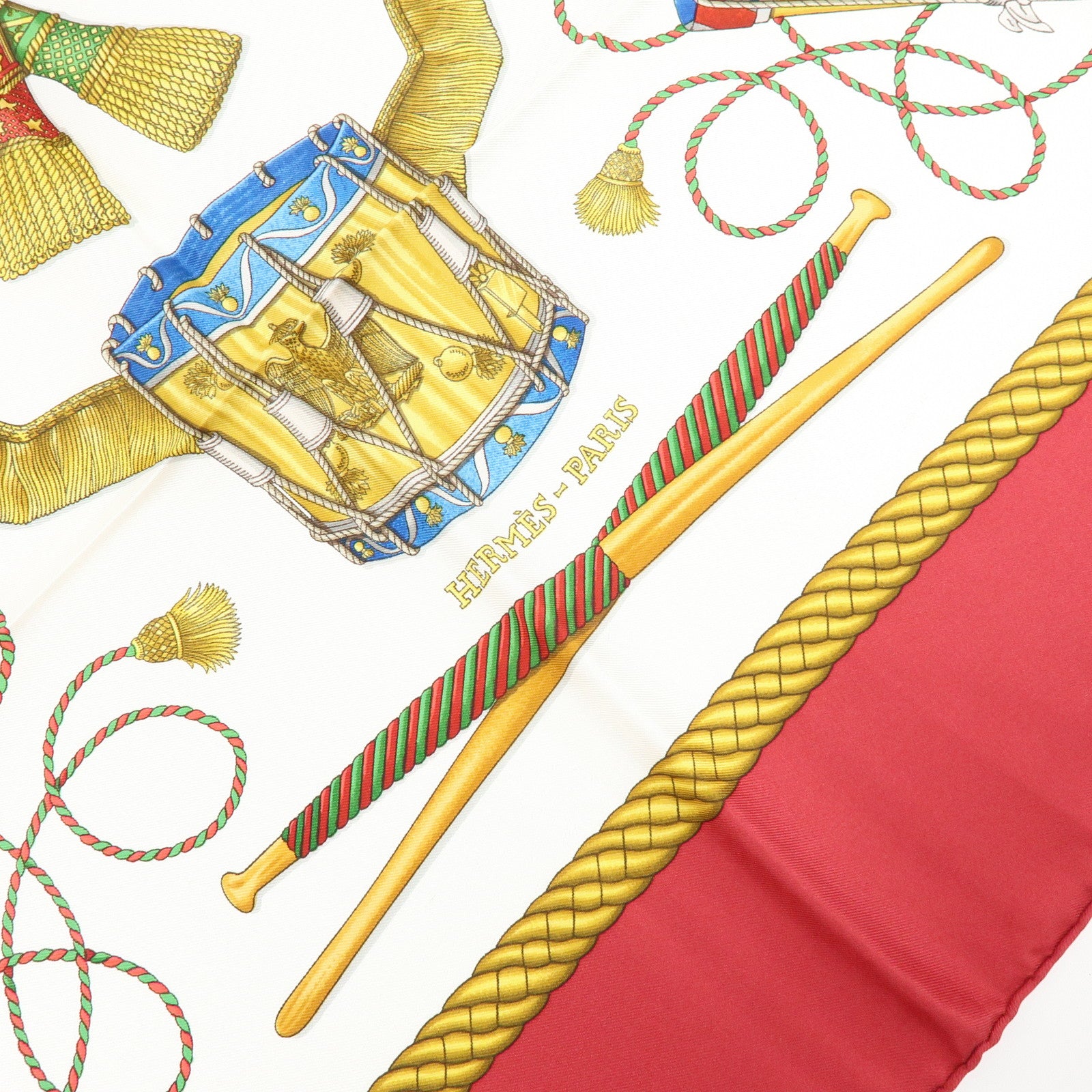 HERMES Carre 90 Silk 100% Scarf  LES TAMBOURS Red Gold