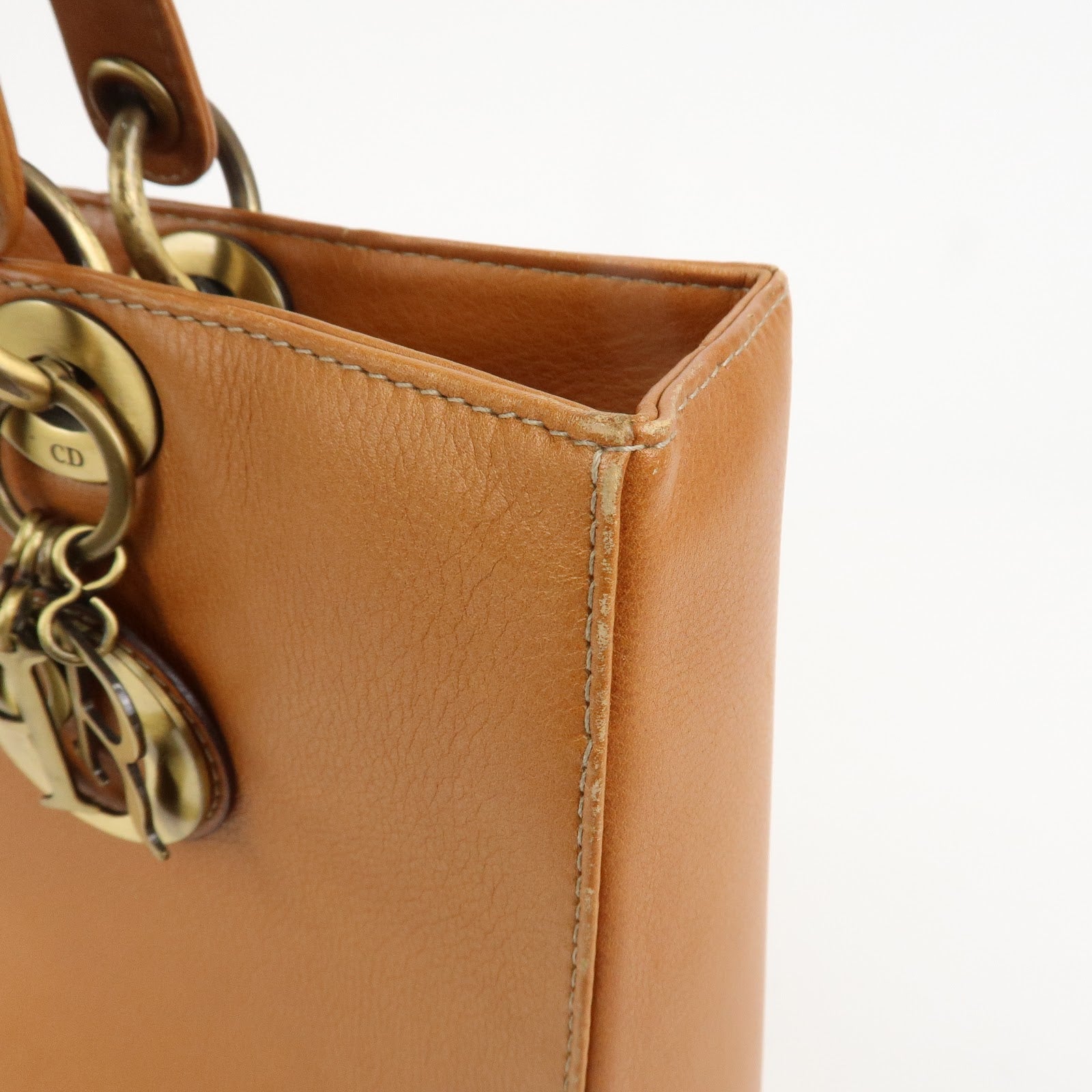 Christian Dior Lady Dior Leather Tote Bag Hand Bag Brown Gold