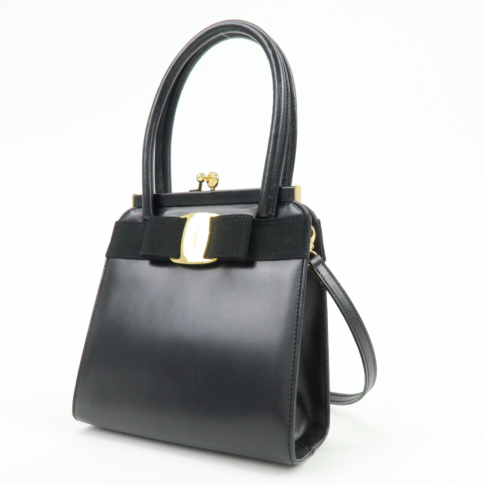 Ferragamo Vara Ribbon Leather 2Way Bag Hand Bag Black