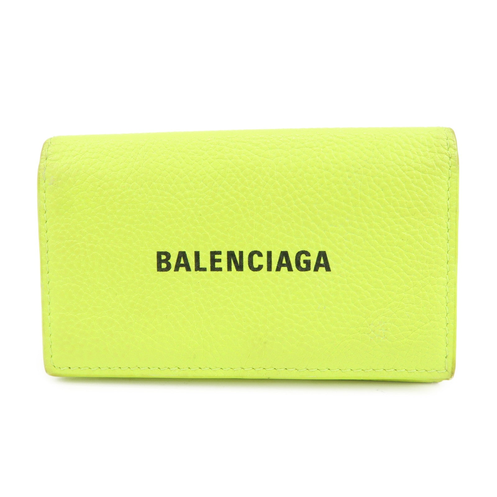 BALENCIAGA Logo Leather Key Case Key Holder Neon Yellow