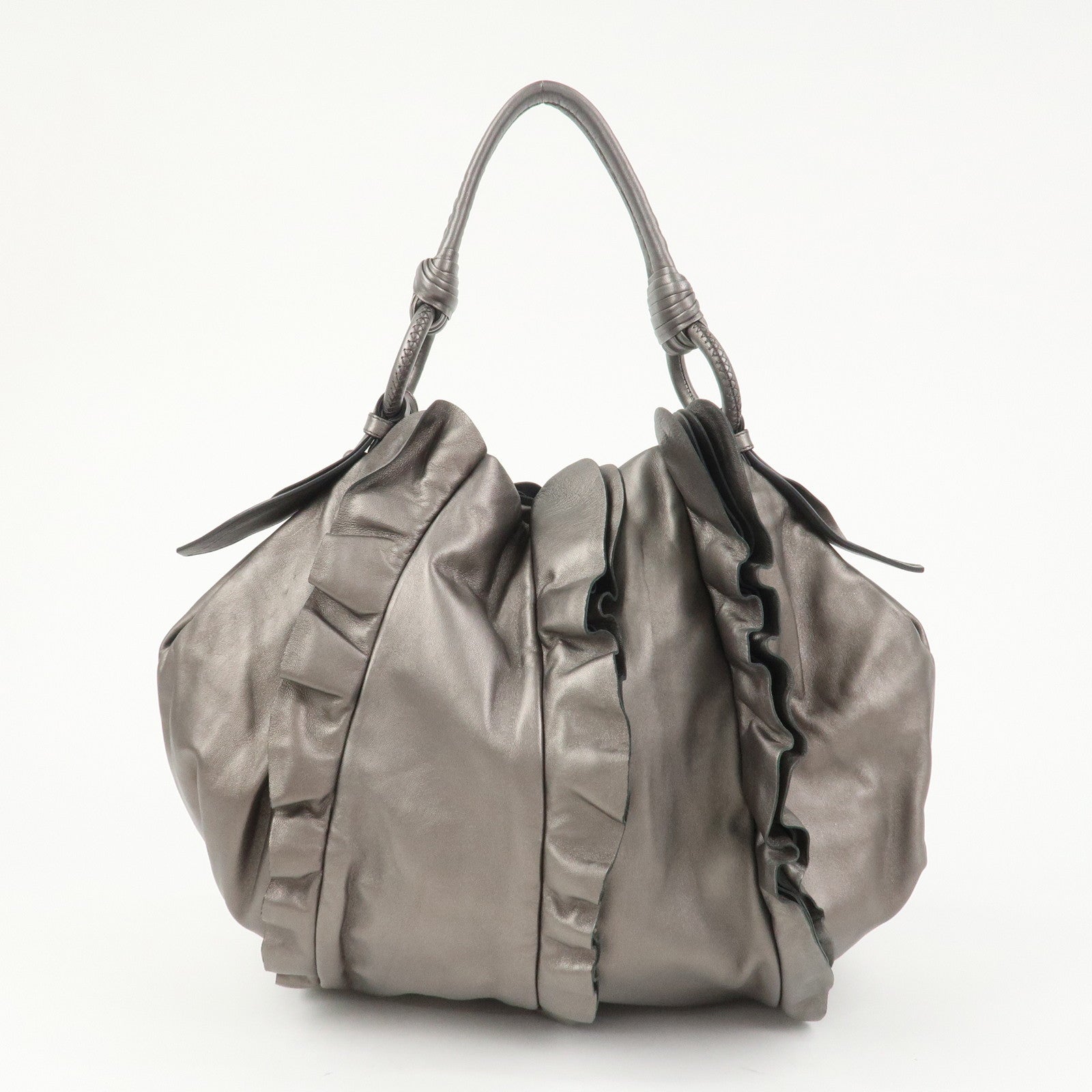 PRADA Logo Frilled Leather Shoulder Bag Hand Bag Bronze BR3993