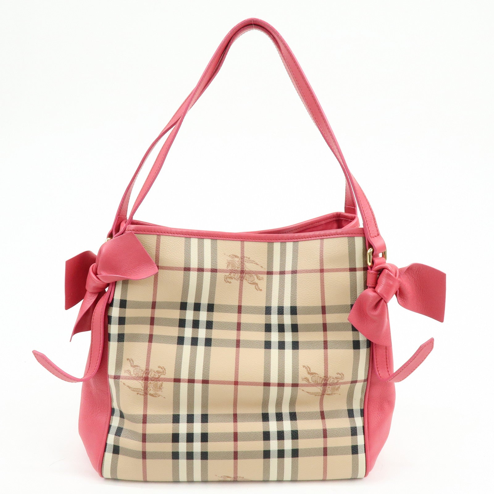 BURBERRY Side Ribbon PVC Leather Hand Bag Nova Plaid Brown Pink