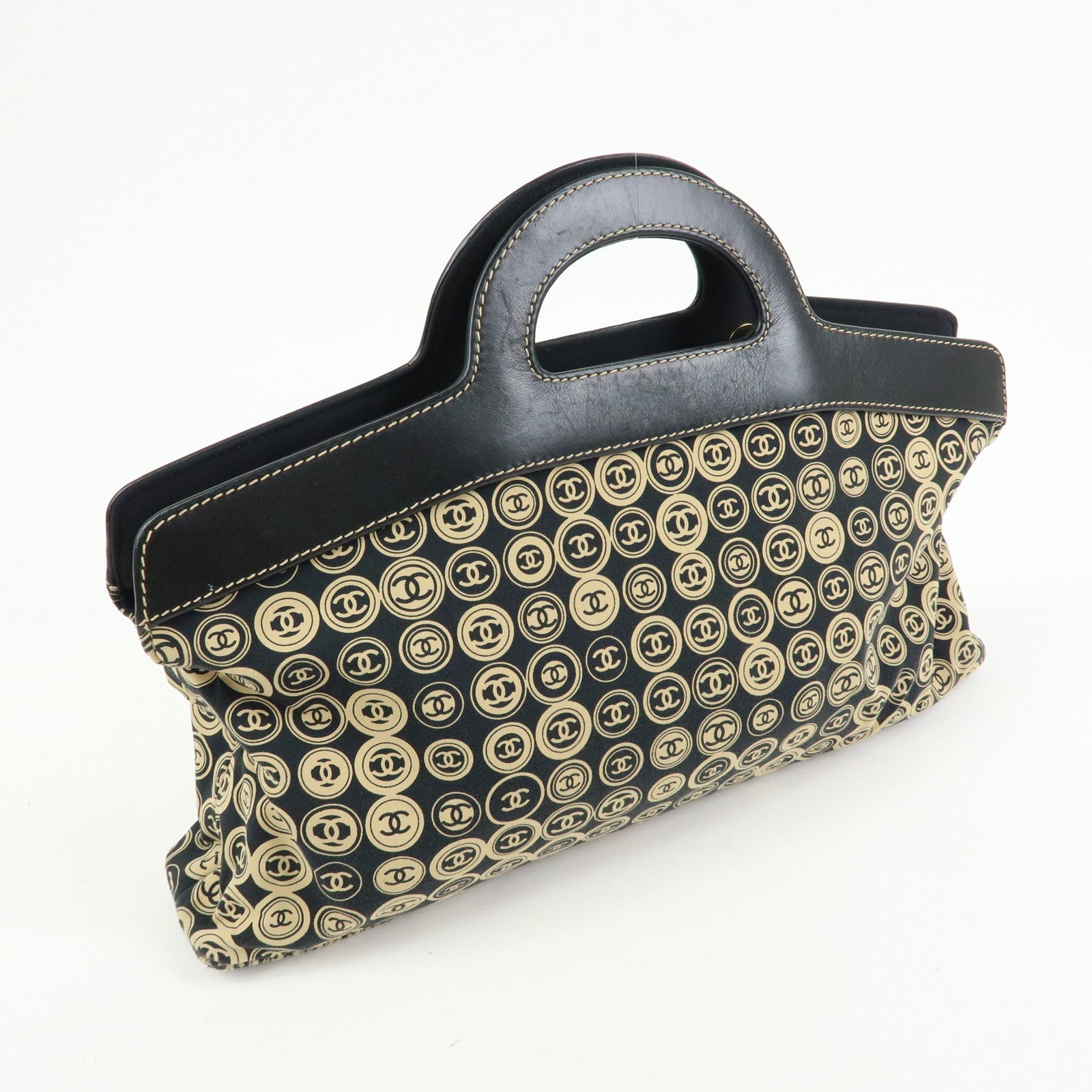 CHANEL COCO Mark Canvas Leather Hand Bag Beige Black