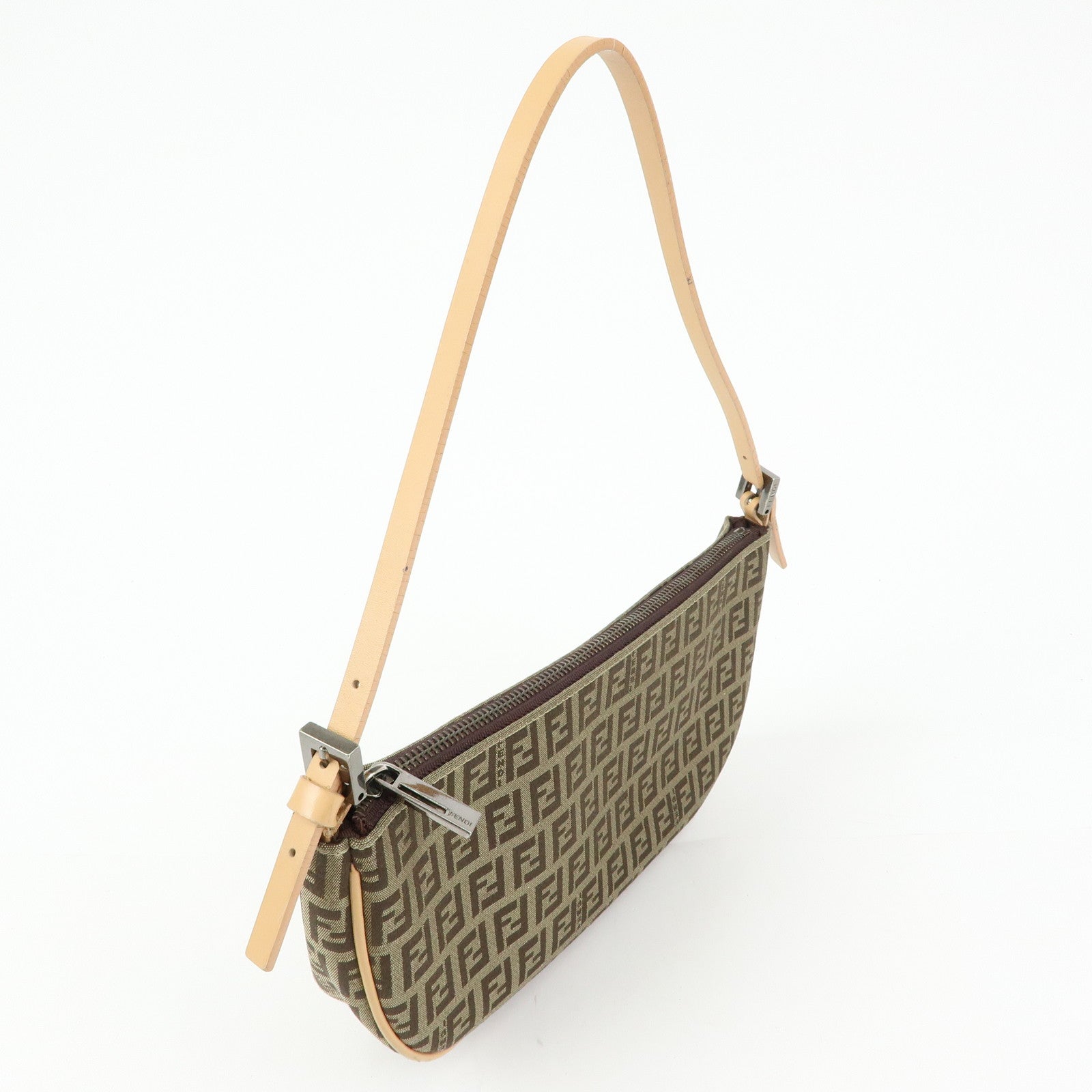 FENDI Zucchino Canvas Leather Shoulder Bag Hand Bag Beige 8BR144