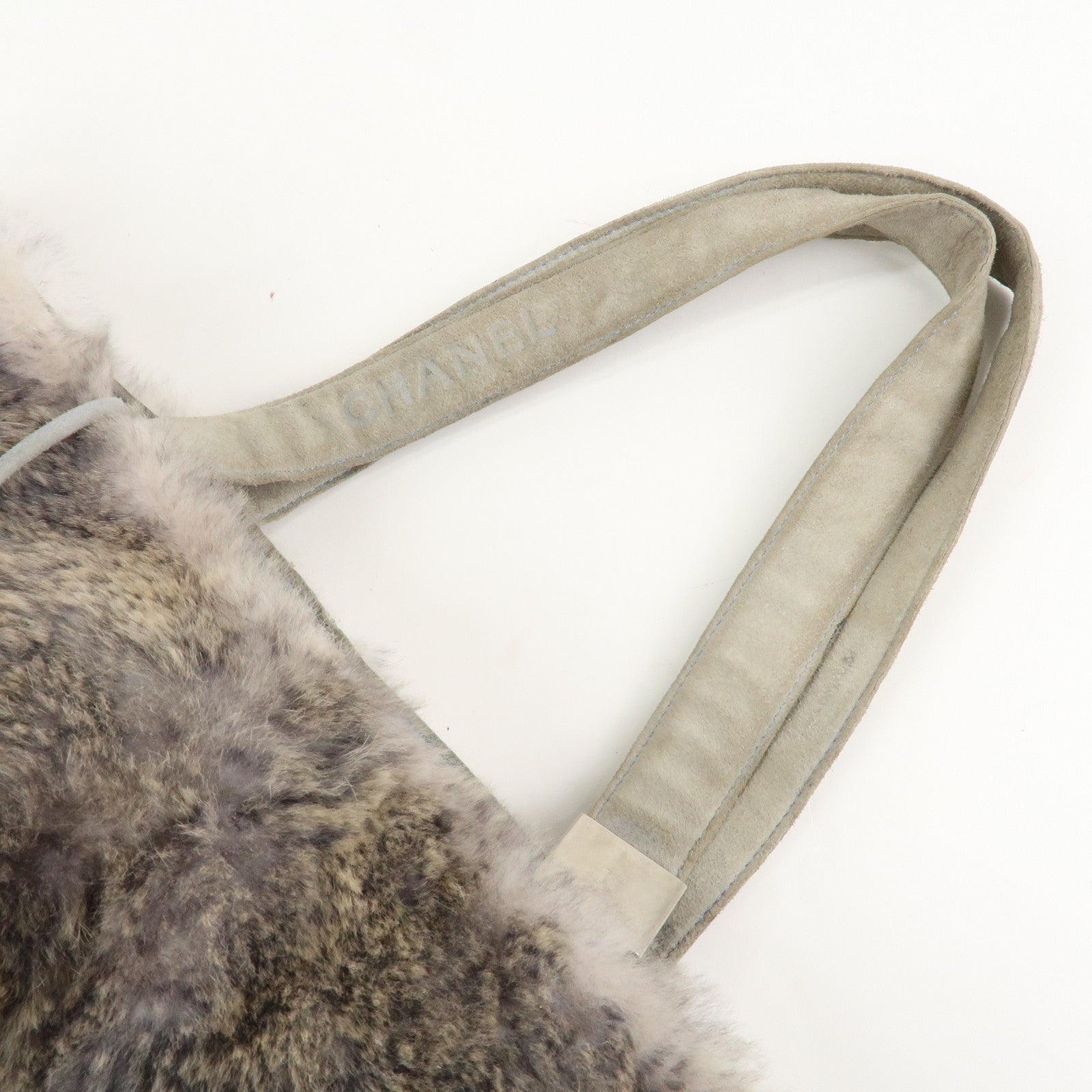 CHANEL COCO Mark Logo Fur Suede Hand Bag Grey