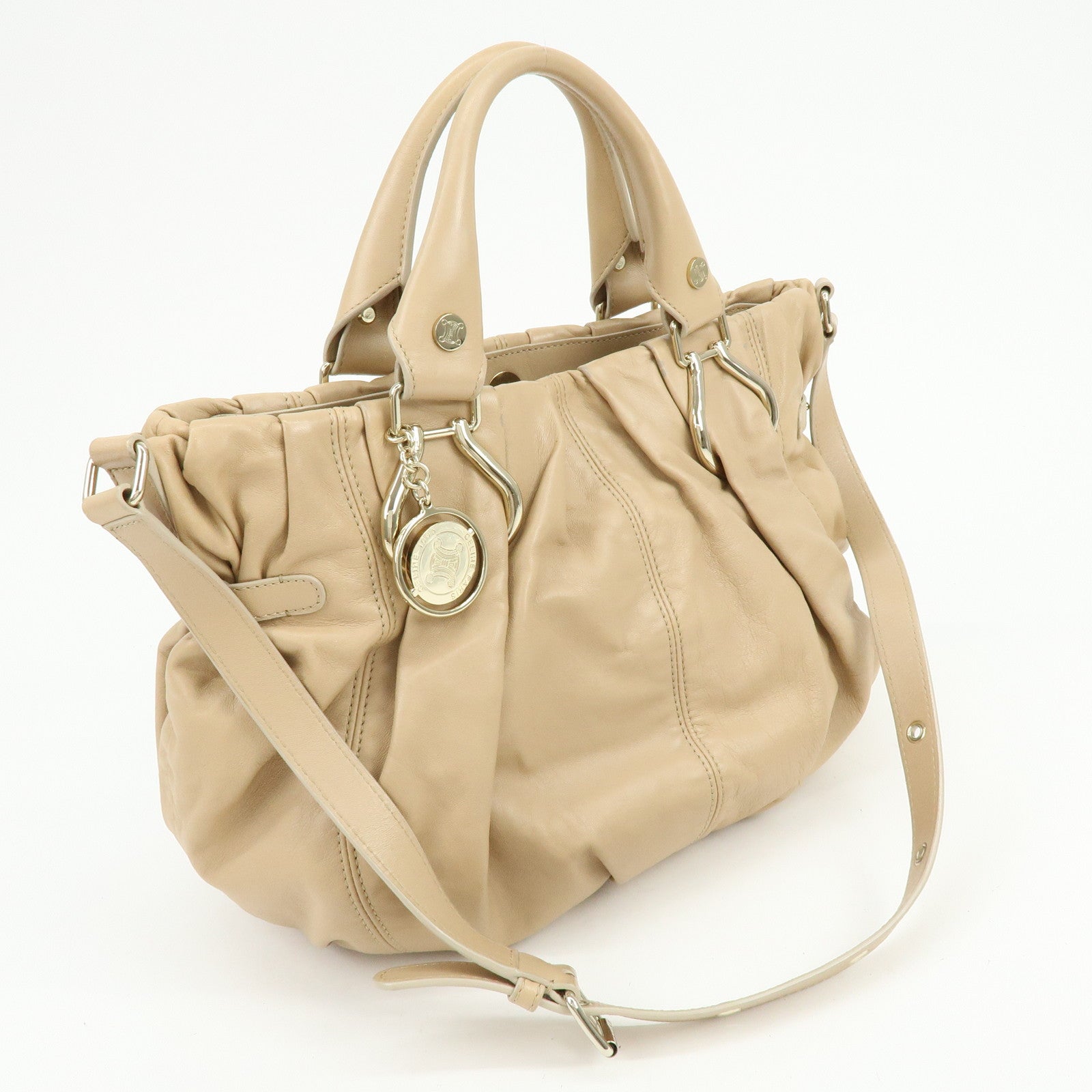 CELINE Macadam Leather 2WAY Bag Hand Bag Shoulder Bag Beige