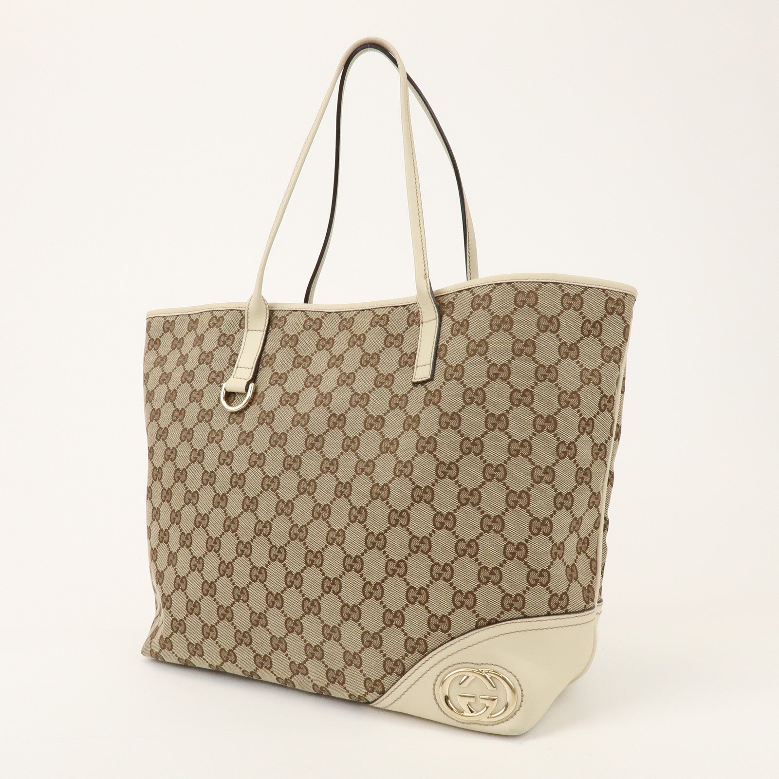 GUCCI New Britt GG Canvas Leather Tote Bag Beige White 169945
