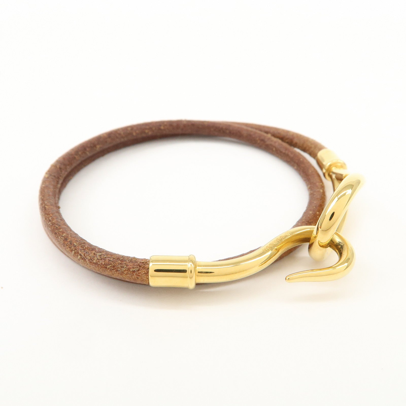 HERMES Logo Leather Jumbo Choker Bracelet Brown