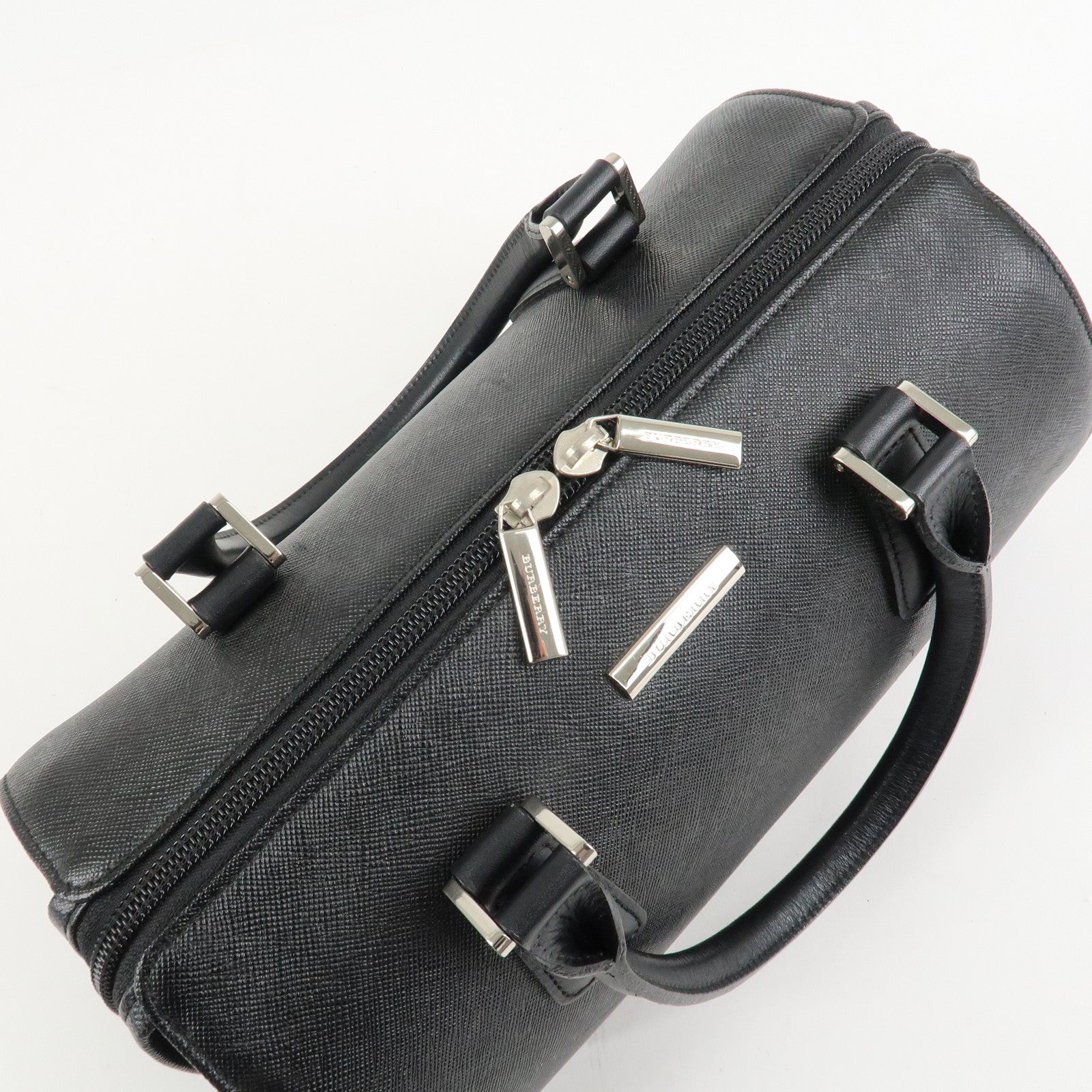 BURBERRY Leather Boston Bag Hand Bag Black Silver HDW Used