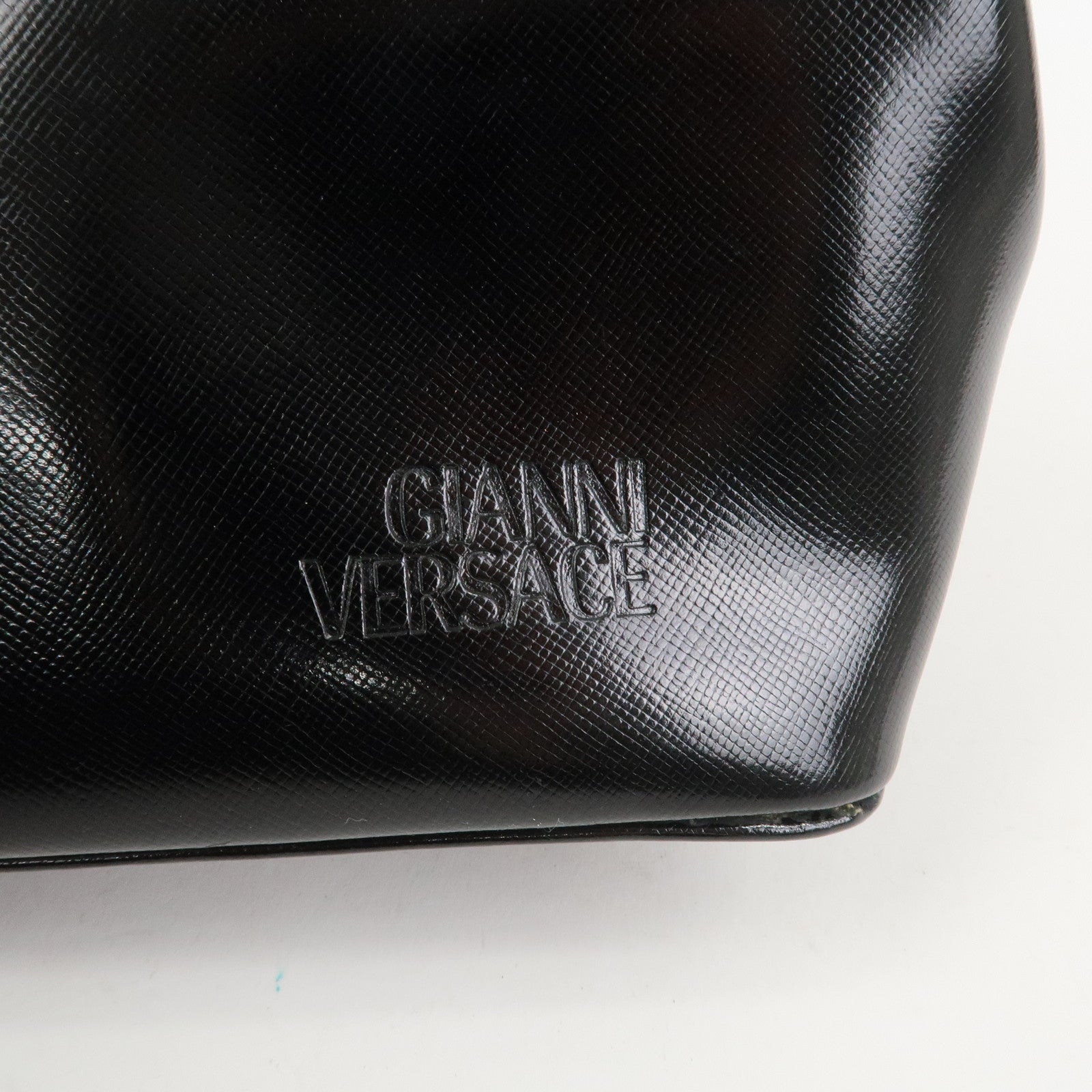 VERSACE Leather 2Way Hand Bag Shoulder Bag Black Gold